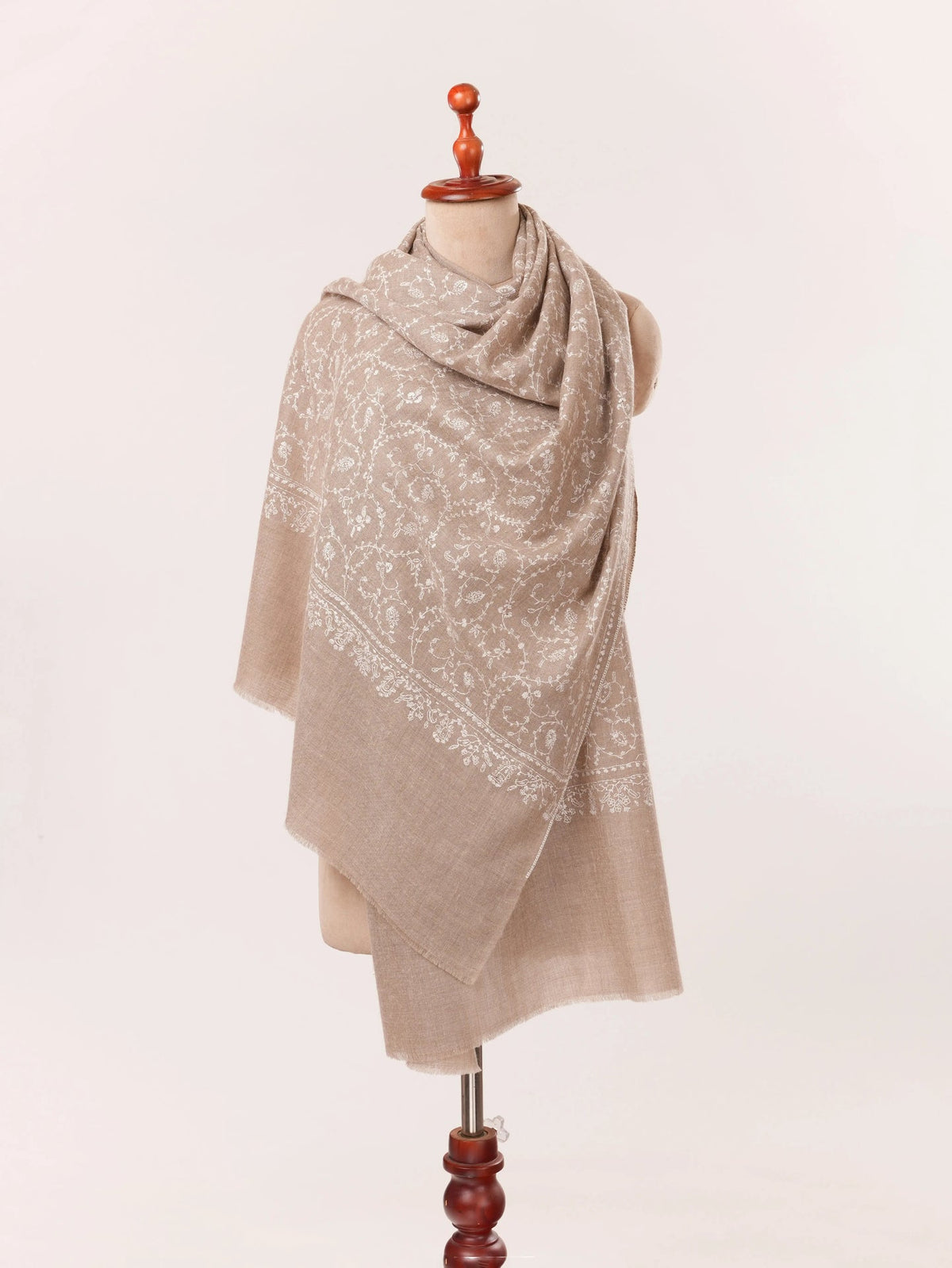 Kashmiri Handwoven Natural Taupe Cashmere Scarf with White Sozni Embroidery Shahkaar.com