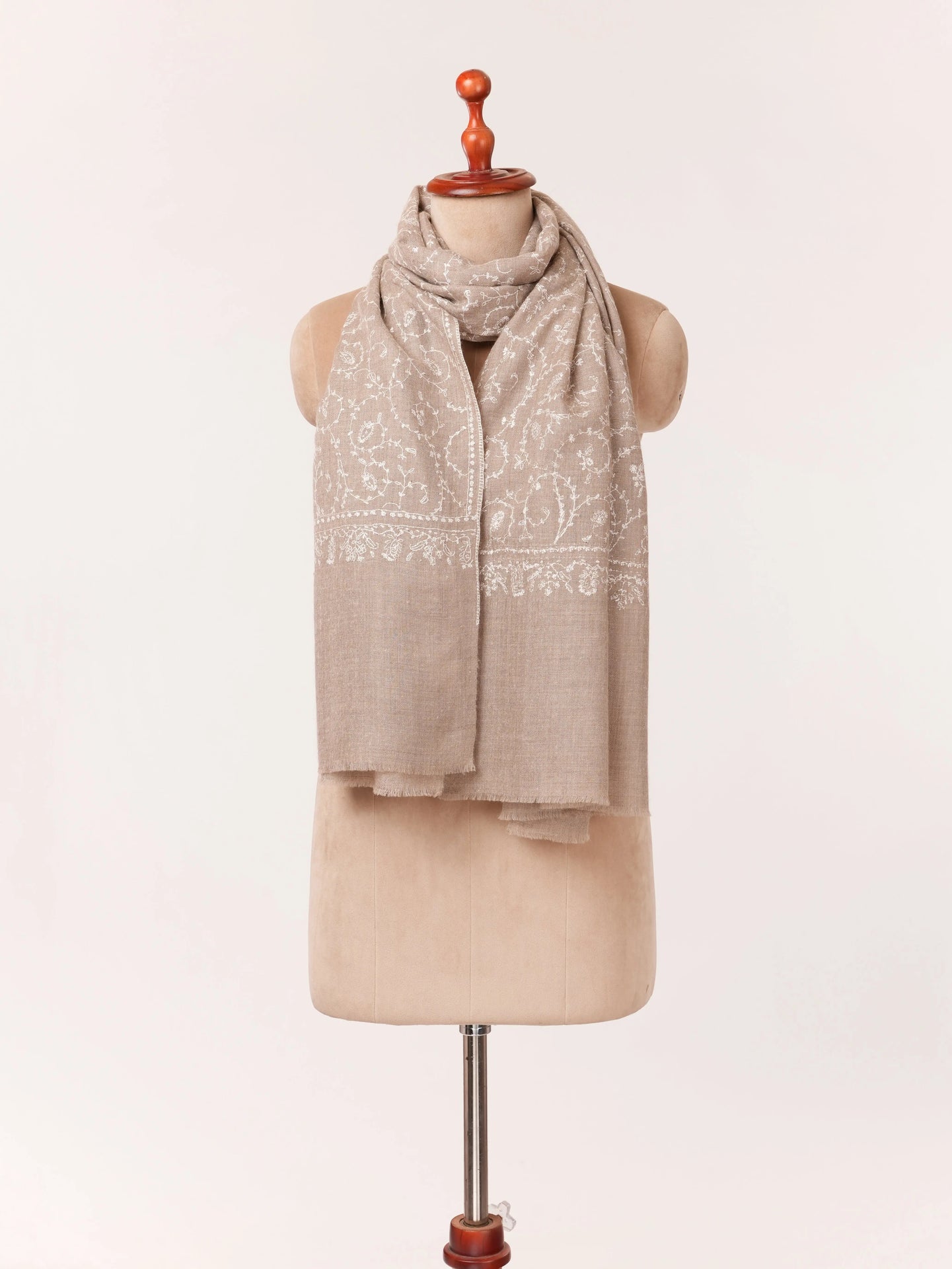 Kashmiri Handwoven Natural Taupe Cashmere Scarf with White Sozni Embroidery Shahkaar.com