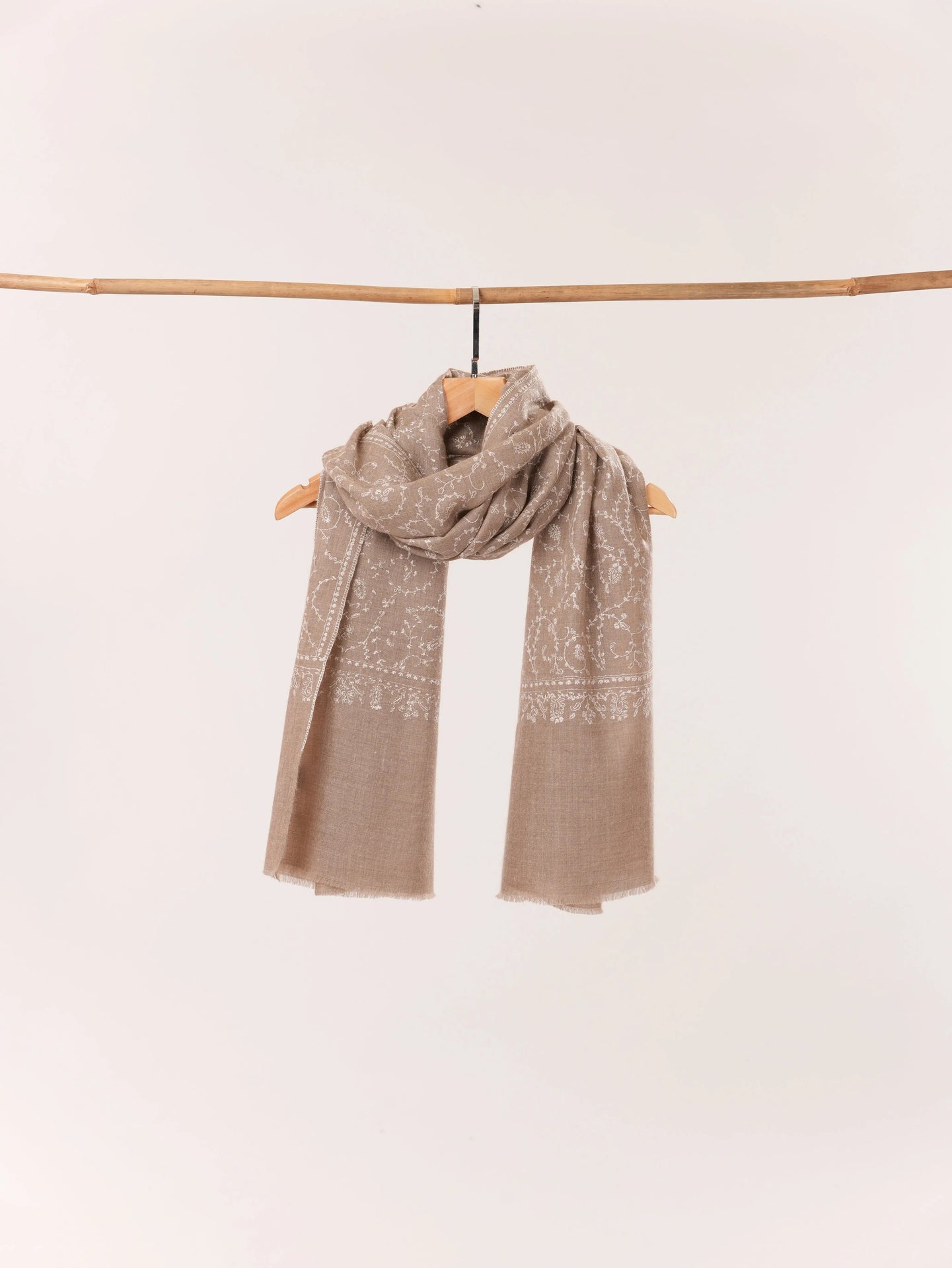 Kashmiri Handwoven Natural Taupe Cashmere Scarf with White Sozni Embroidery Shahkaar.com