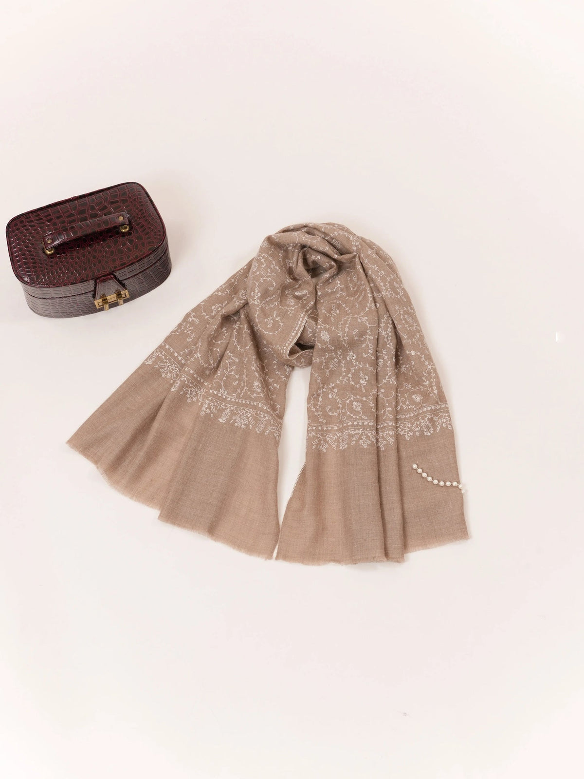 Kashmiri Handwoven Natural Taupe Cashmere Scarf with White Sozni Embroidery Shahkaar.com