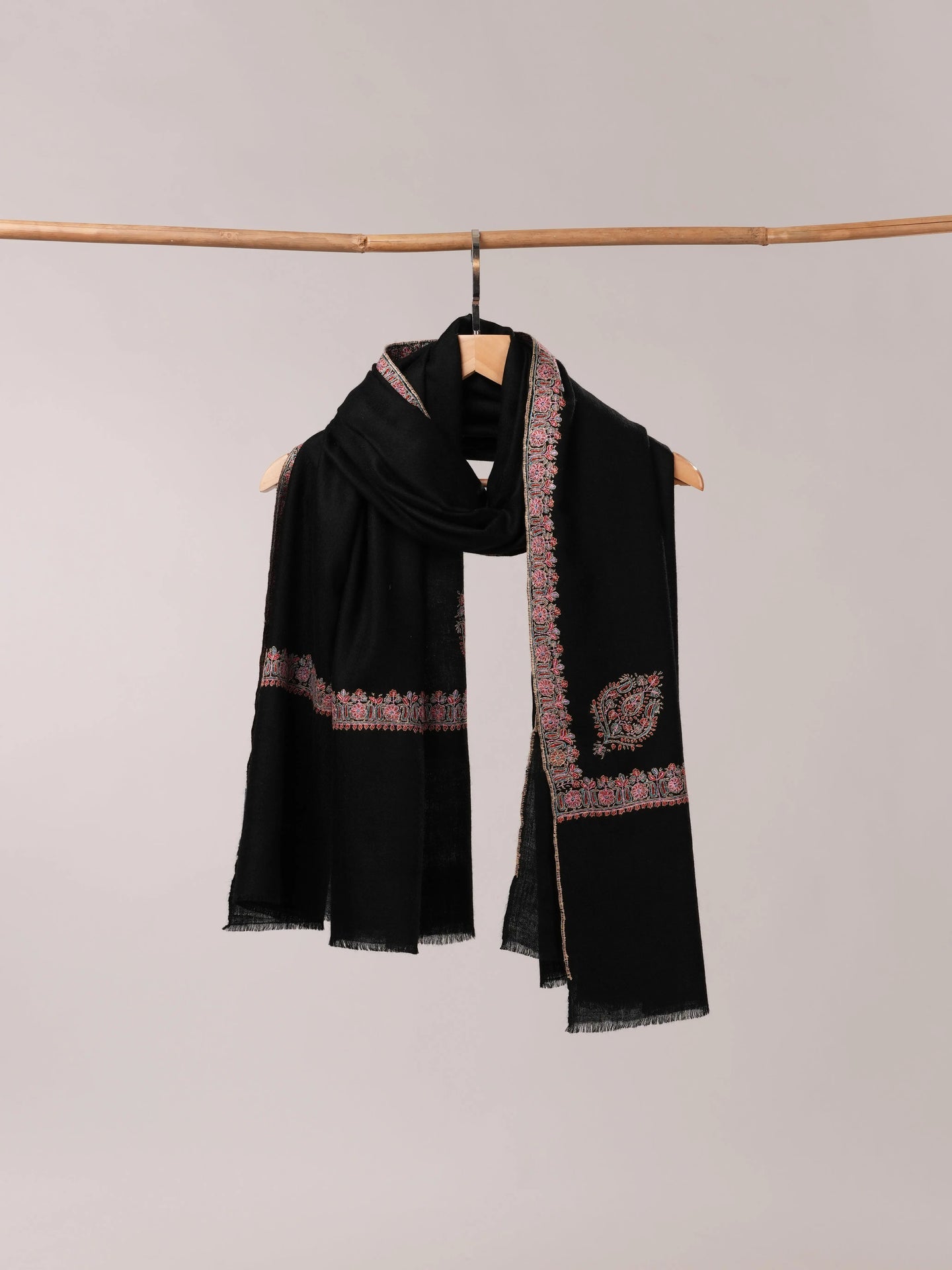 Black Authentic Pashmina Shawl with Border Sozni Hand Embroidery Shahkaar.com