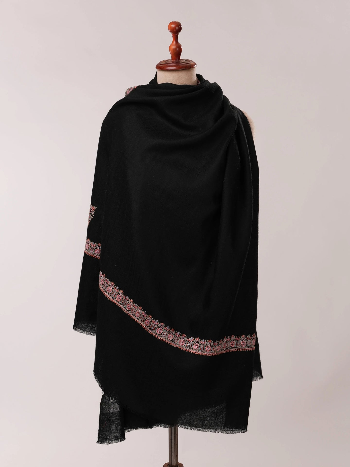 Black Authentic Pashmina Shawl with Border Sozni Hand Embroidery Shahkaar.com
