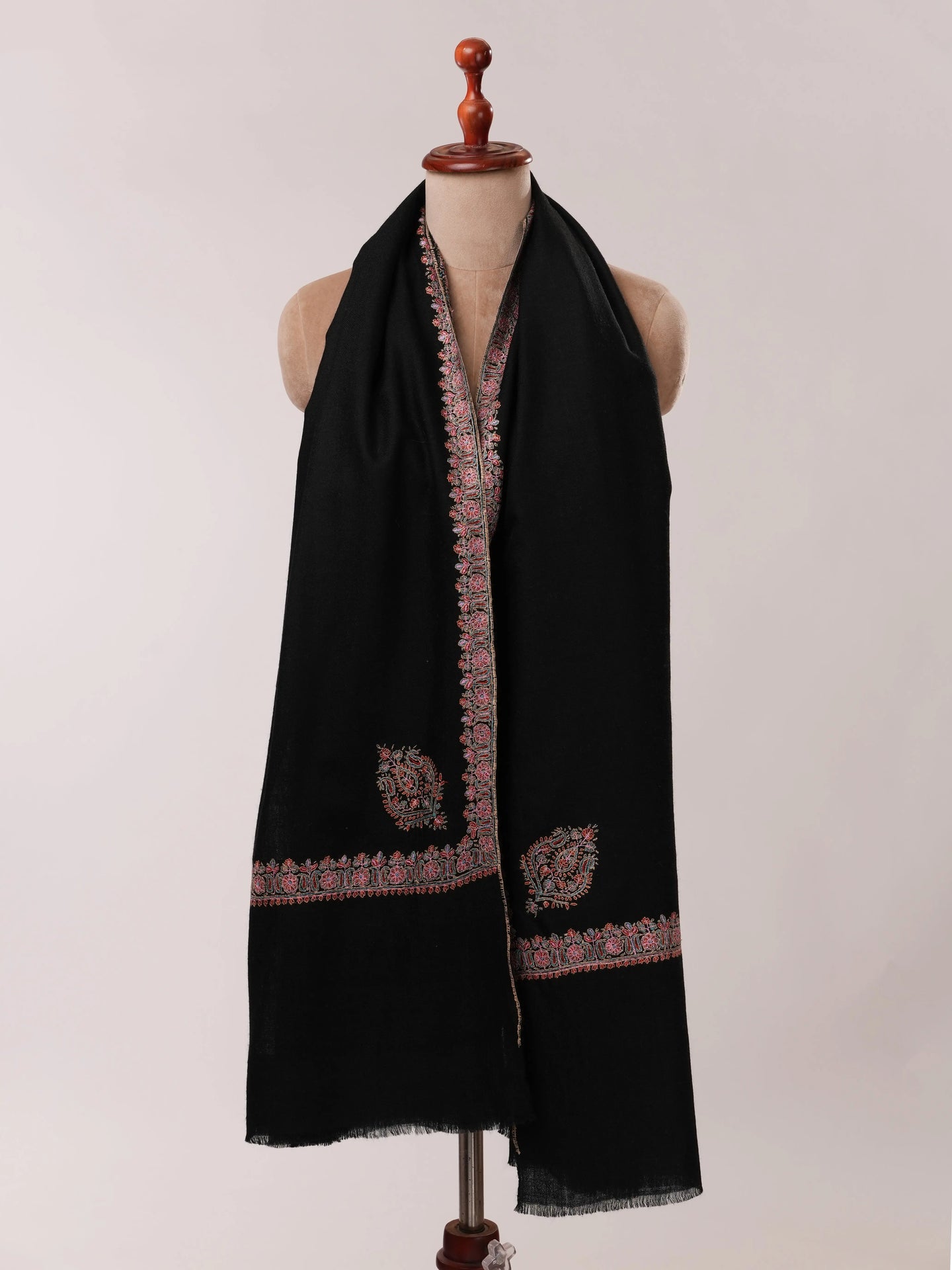 Black Authentic Pashmina Shawl with Border Sozni Hand Embroidery Shahkaar.com