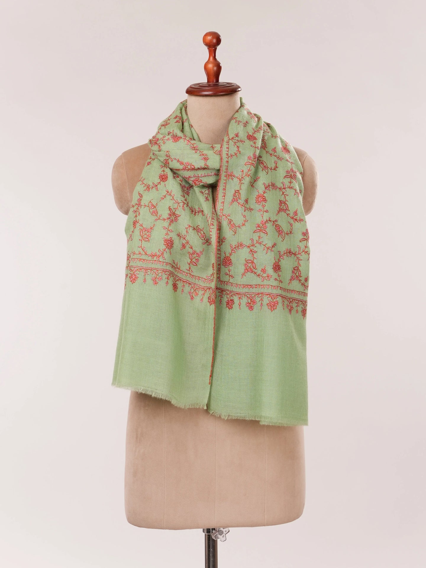 Sage Green Hand Embroidered Soft Cashmere Scarf Shahkaar.com