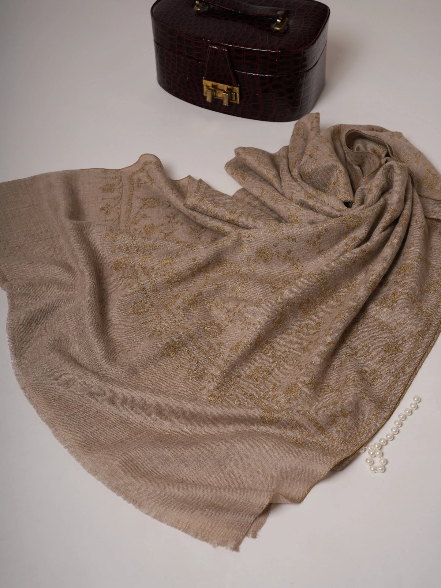 Natural Grey Handloomed Cashmere Scarf with Sozni Embroidery Shahkaar