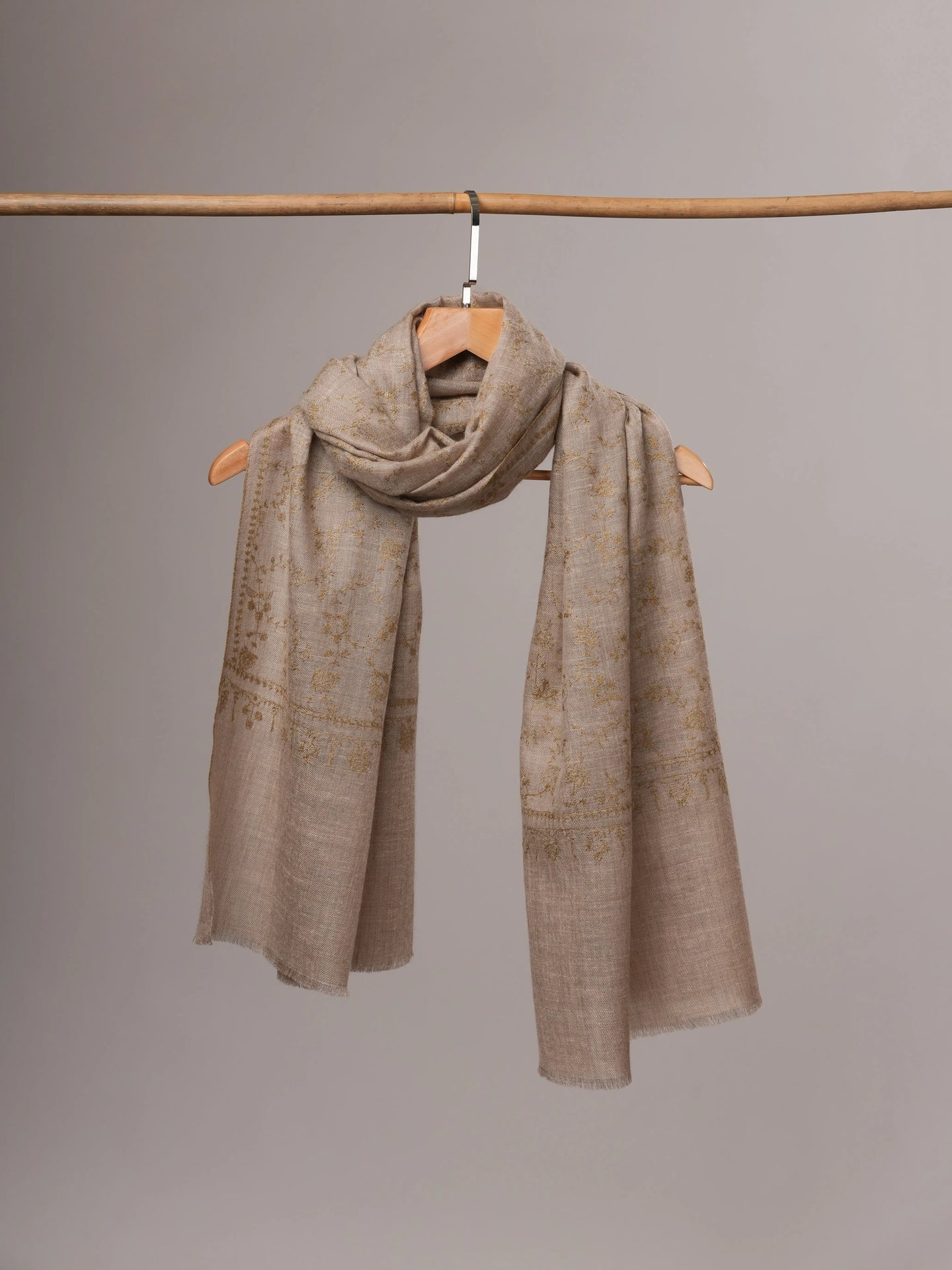 Natural Grey Handloomed Cashmere Scarf with Sozni Embroidery Shahkaar