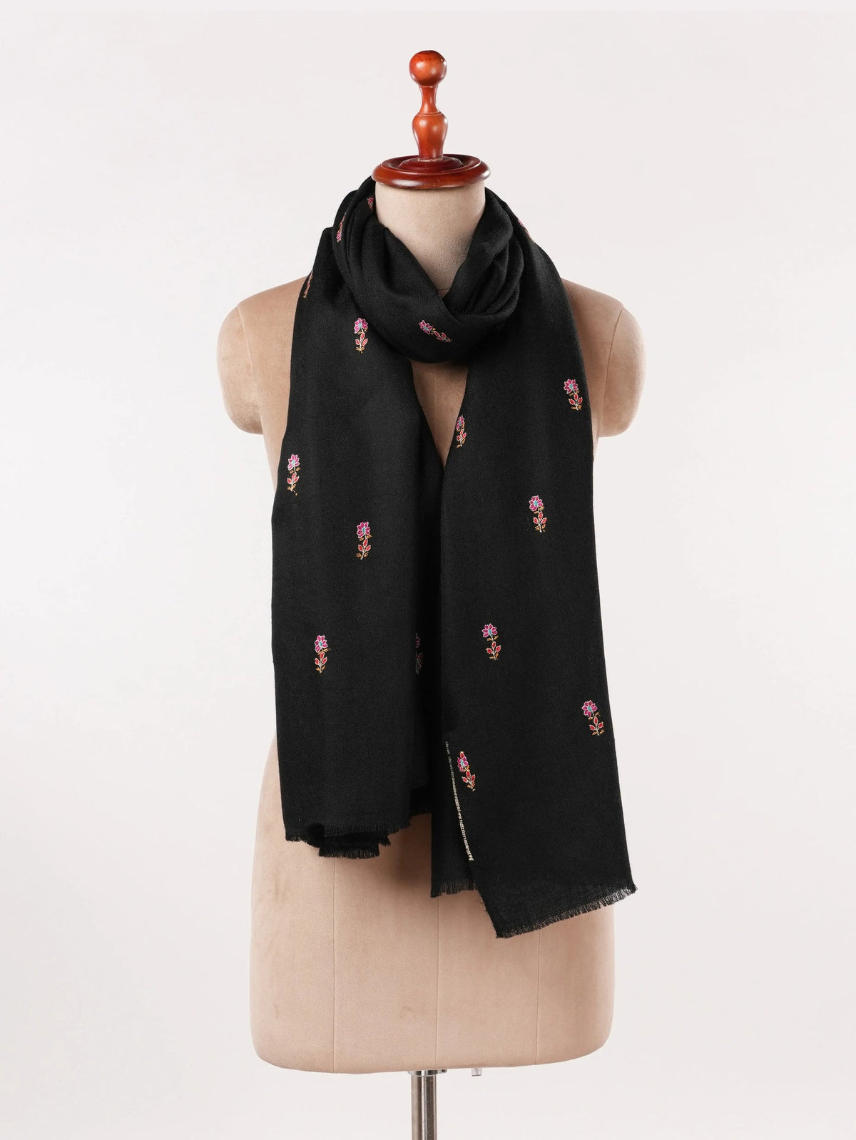 Handwoven Black Pashmina Shawl with Hand Sozni Buteh Embroidery