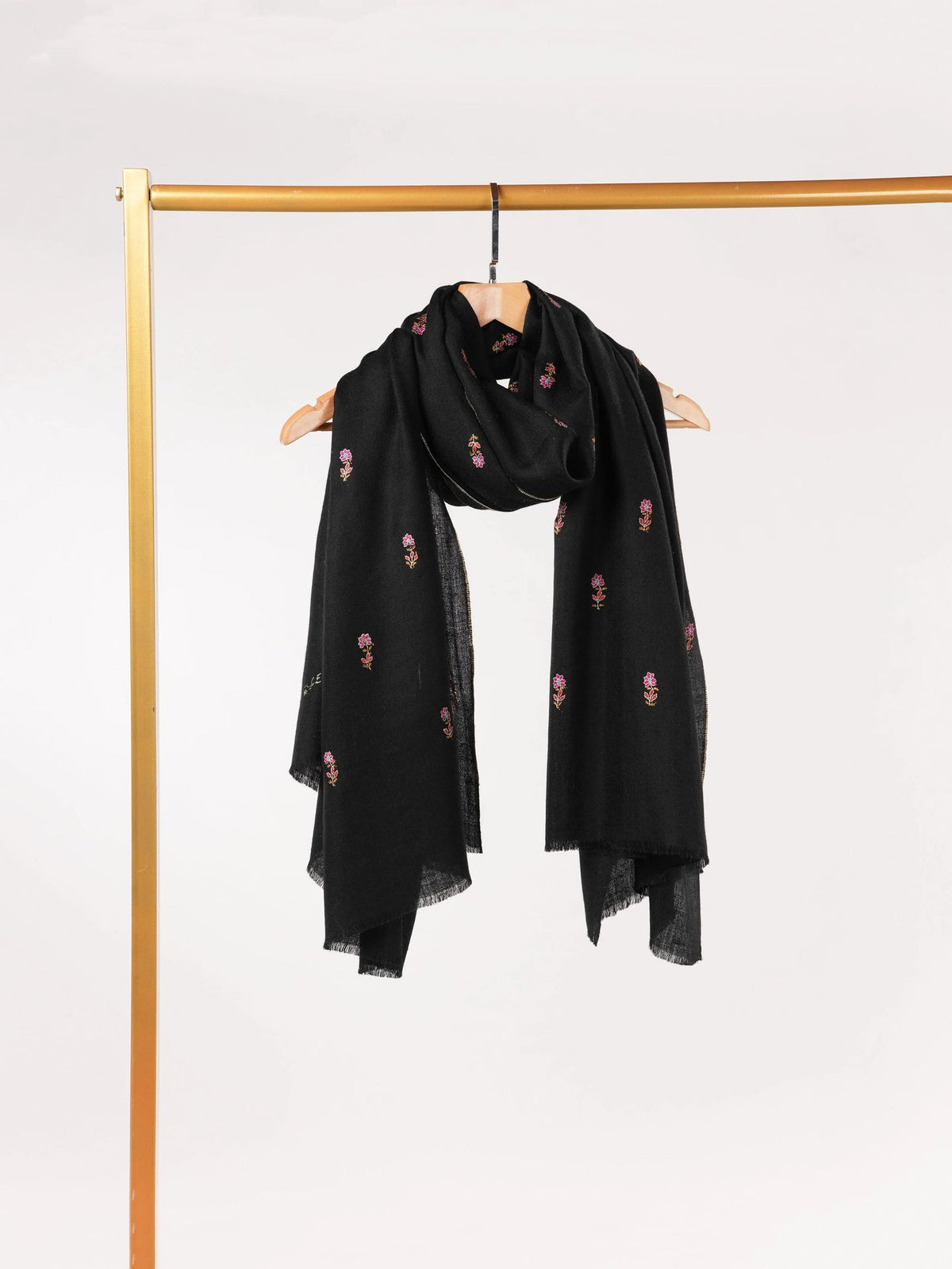 Handwoven Black Pashmina Shawl with Hand Sozni Buteh Embroidery