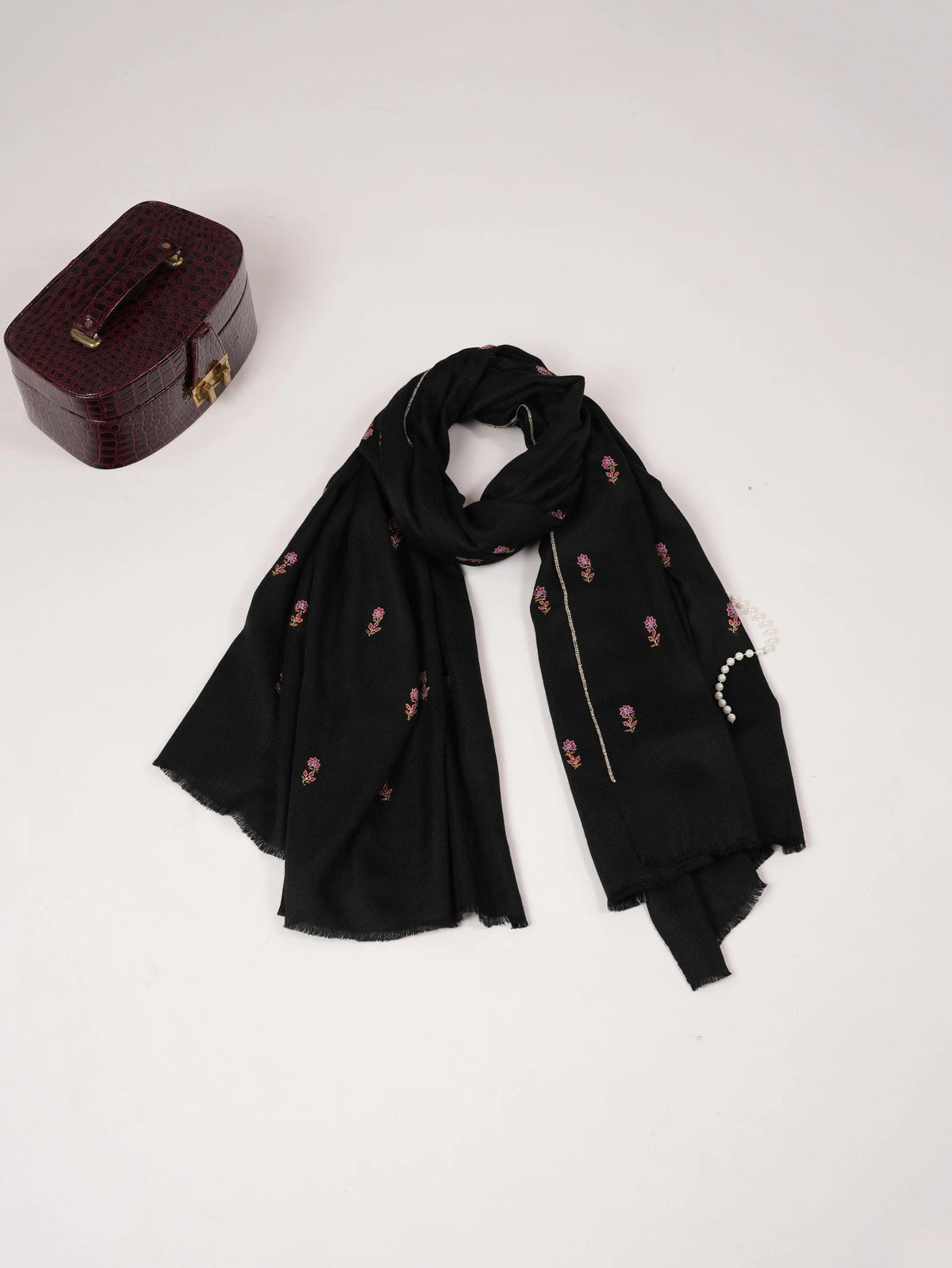 Handwoven Black Pashmina Shawl with Hand Sozni Buteh Embroidery