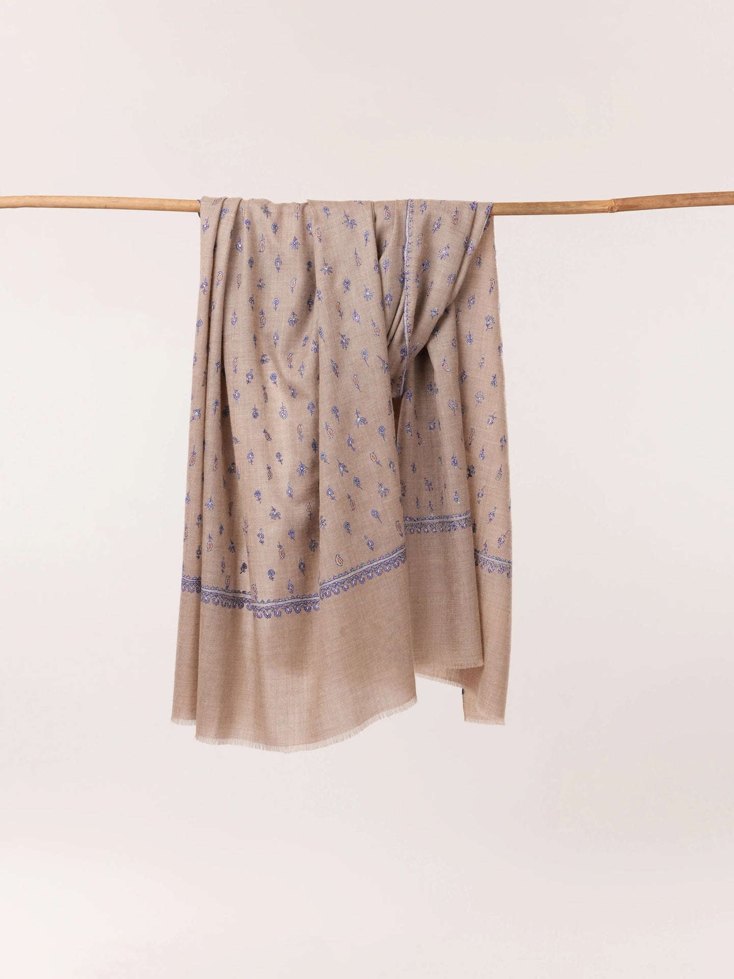 Natural Taupe Handwoven Pashmina Shawl with Kashmiri Hand Sozni Buteh Embroidery Shahkaar.com