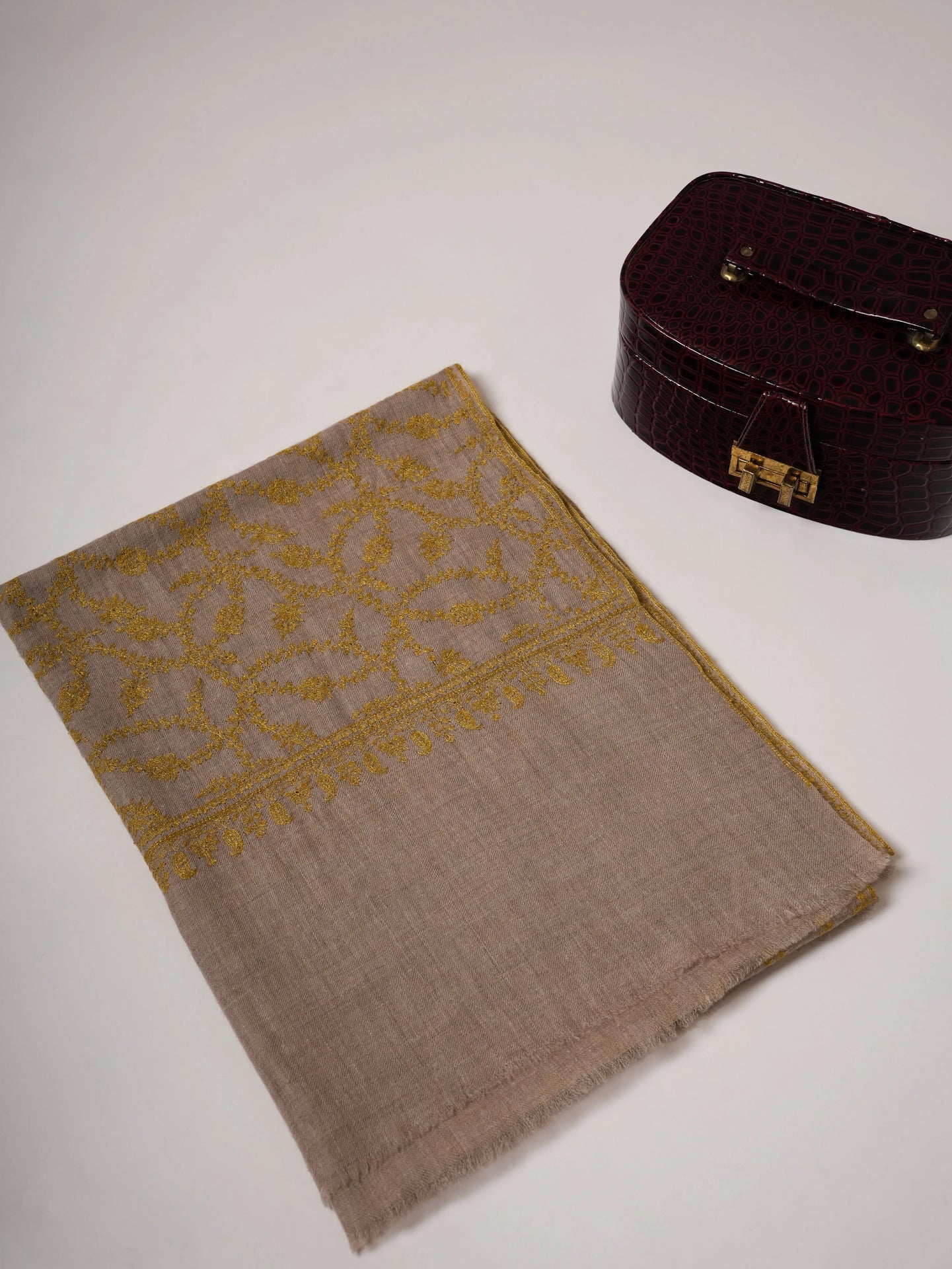 Natural Grey Cashmere Scarf with All-Over Olive Sozni Embroidery Shahkaar