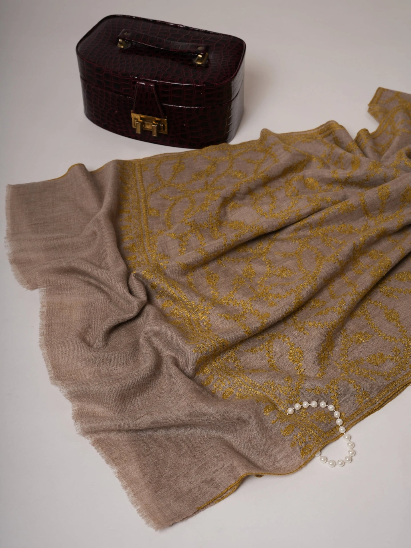 Natural Grey Cashmere Scarf with All-Over Olive Sozni Embroidery Shahkaar