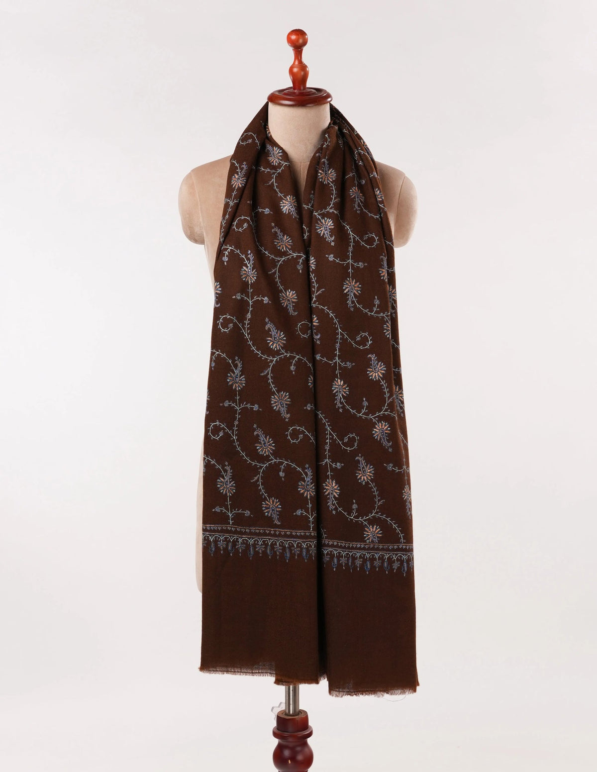 Chocolate Brown Shawl in Handwoven Soft Pashmina with Hand Sozni Jali Embroidery Shahkaar.com