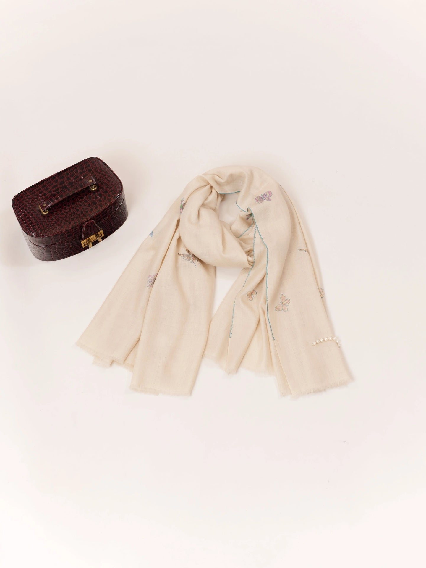 Handwoven White Kashmiri Pashmina Shawl with Hand Sozni Buteh Embroidery Shahkaar.com