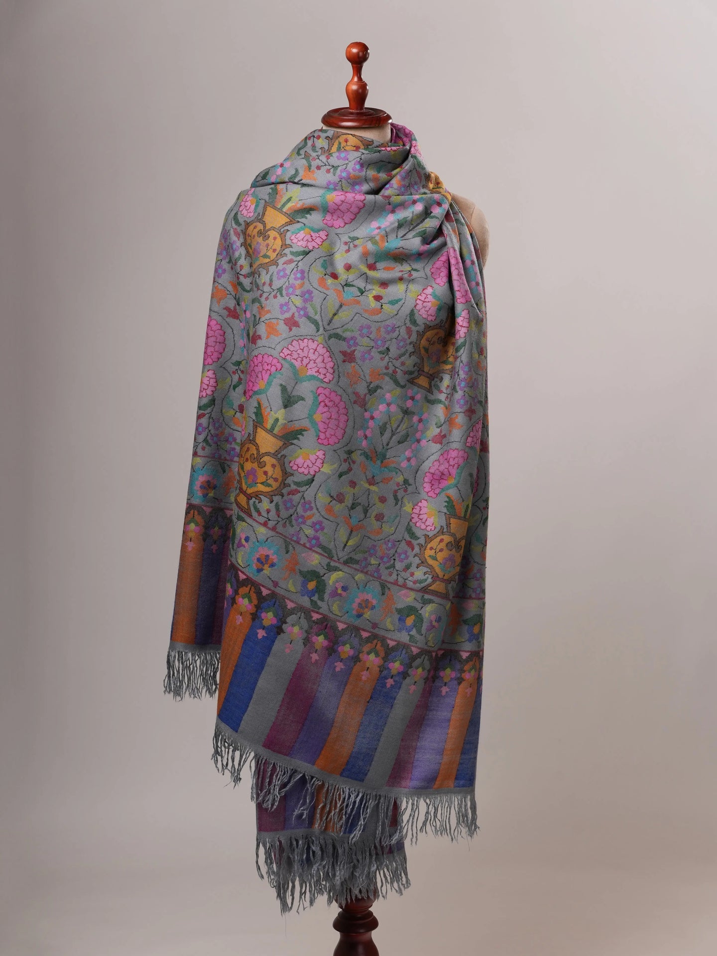 Steel Grey Handloomed Soft Kani Pashmina Shawl with Floral Motifs Shahkaar