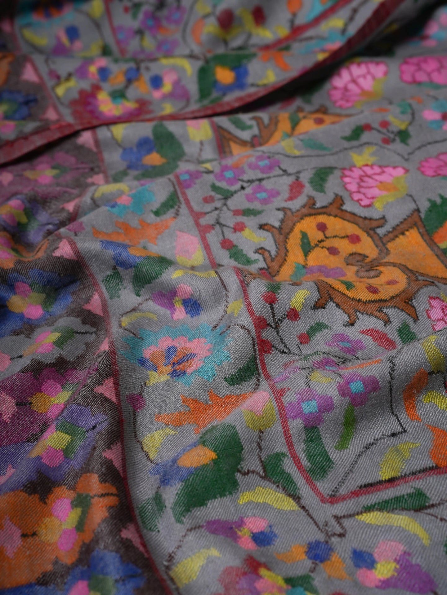 Steel Grey Handloomed Soft Kani Pashmina Shawl with Floral Motifs Shahkaar