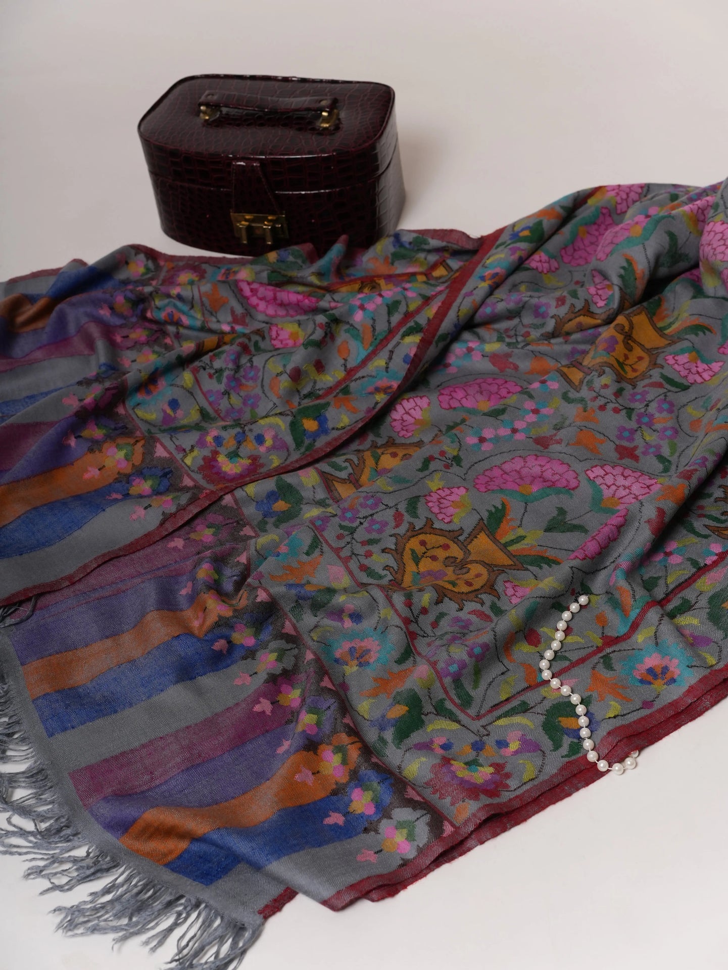 Steel Grey Handloomed Soft Kani Pashmina Shawl with Floral Motifs Shahkaar