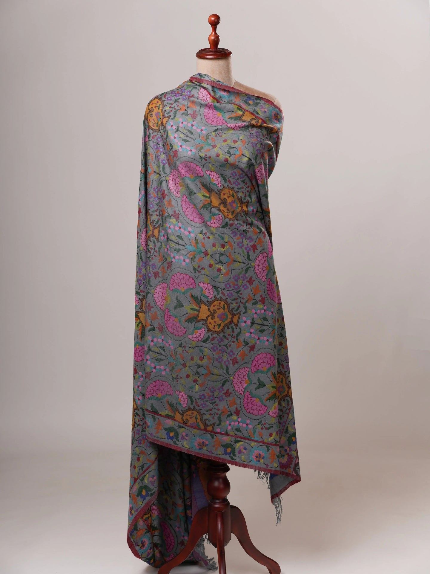Steel Grey Handloomed Soft Kani Pashmina Shawl with Floral Motifs Shahkaar