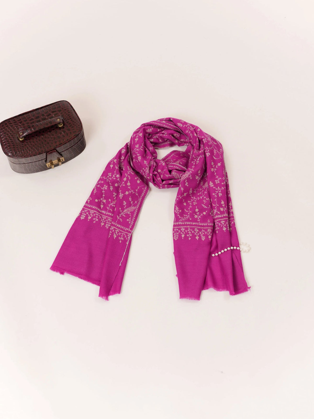 Handmade Rani Pink Cashmere Scarf with Jali Sozni Embroidery Shahkaar.com