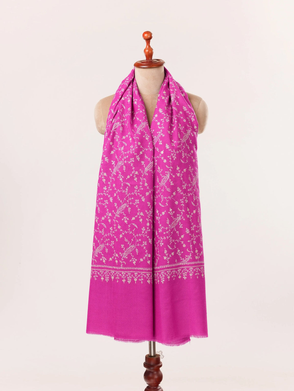 Handmade Rani Pink Cashmere Scarf with Jali Sozni Embroidery Shahkaar.com