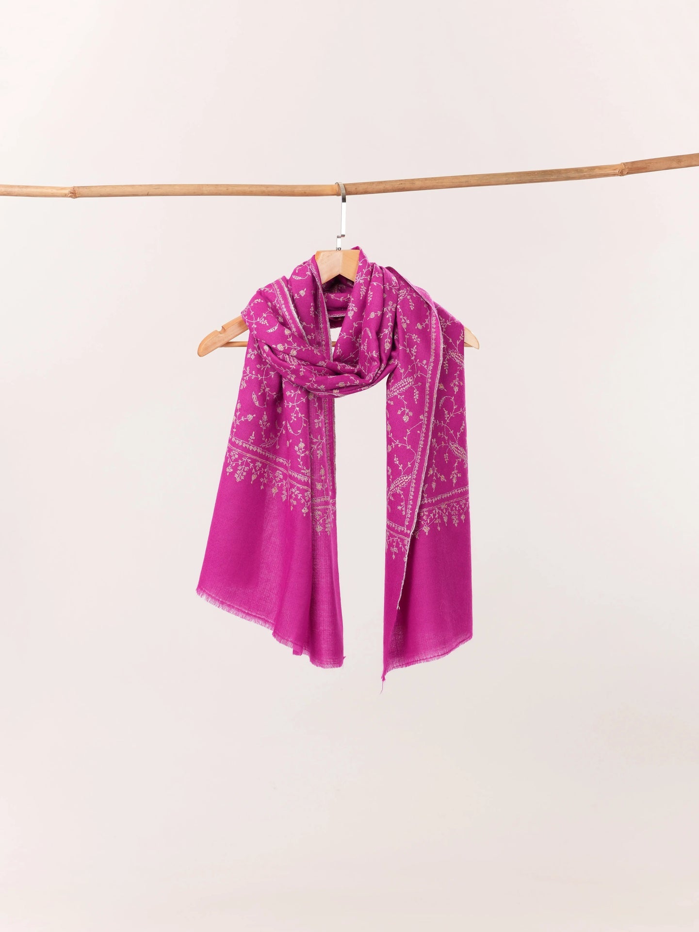 Handmade Rani Pink Cashmere Scarf with Jali Sozni Embroidery Shahkaar.com