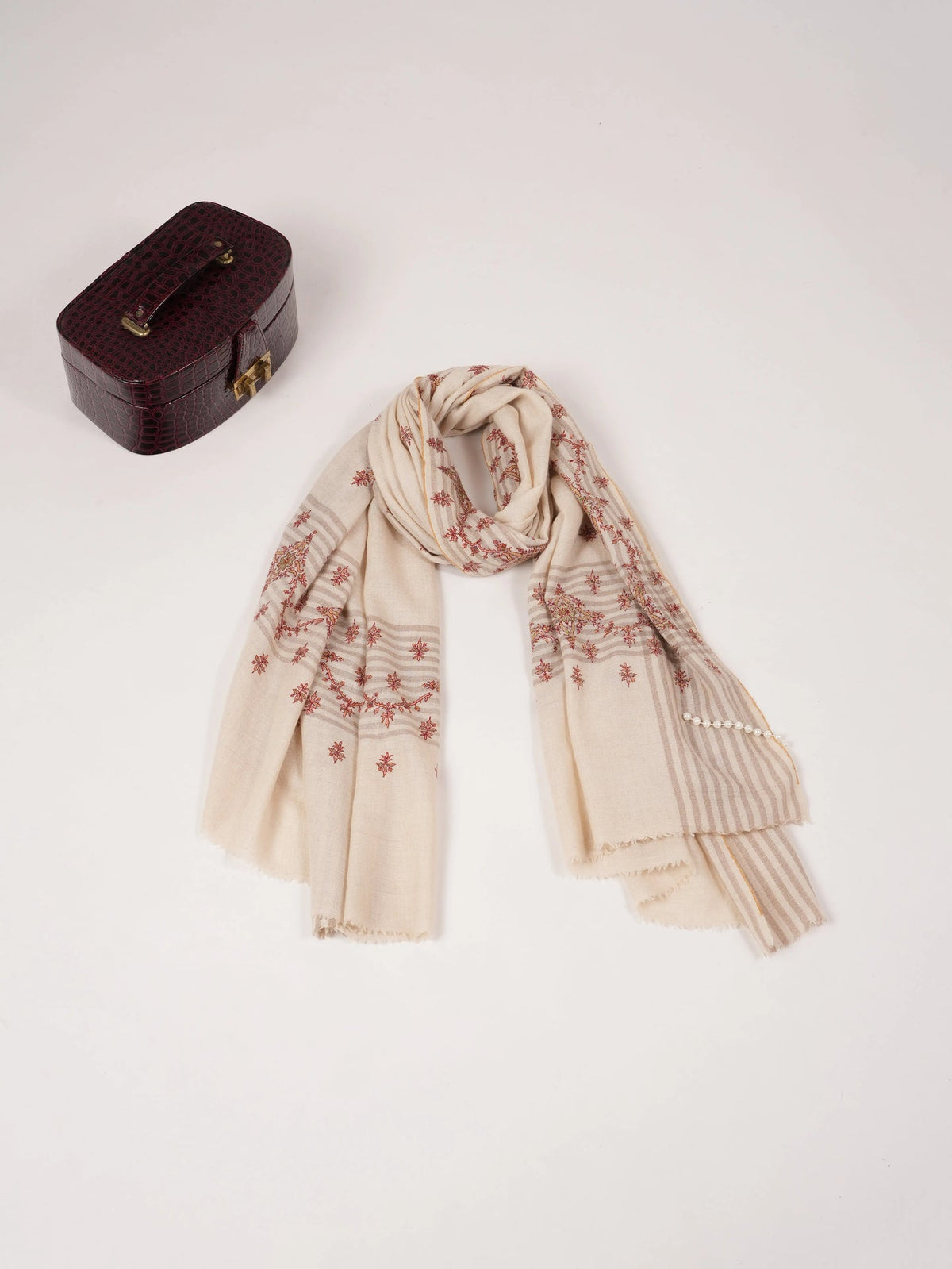 Daurdar Hand Sozni Embroidered White Authentic Pashmina Shawl