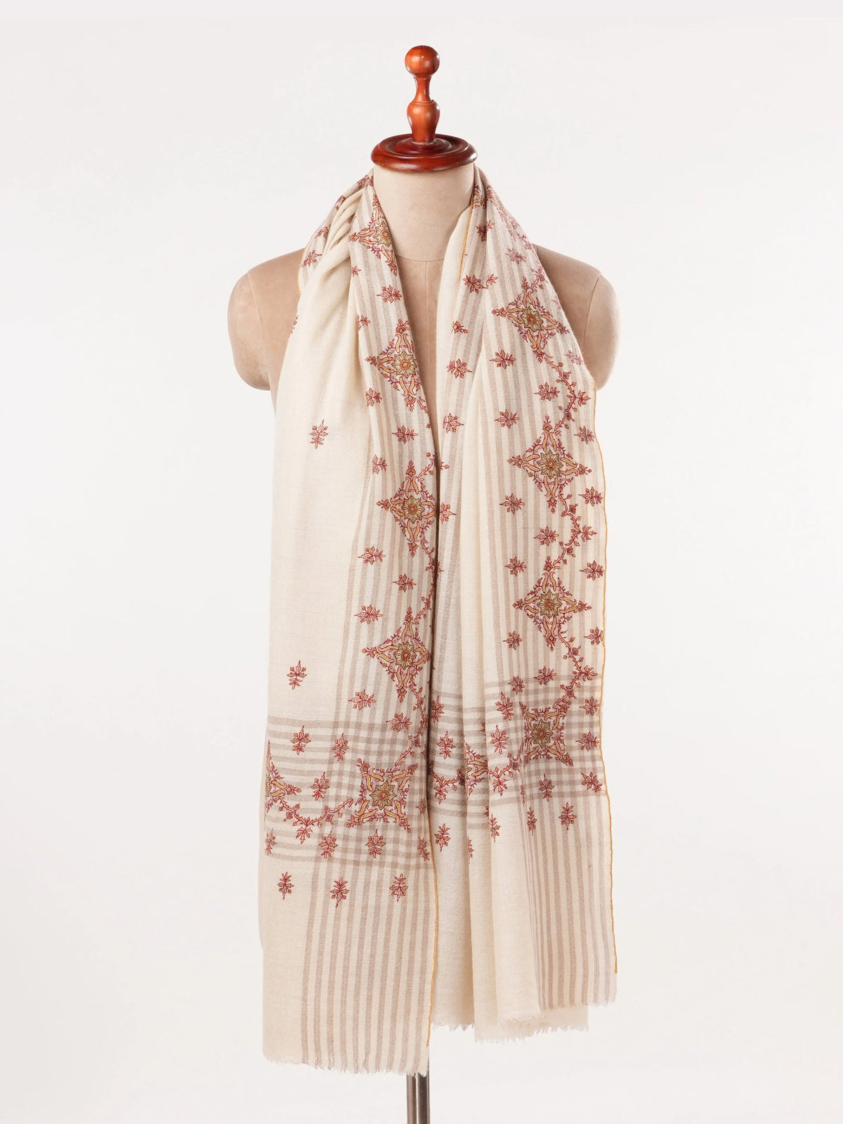 Daurdar Hand Sozni Embroidered White Authentic Pashmina Shawl