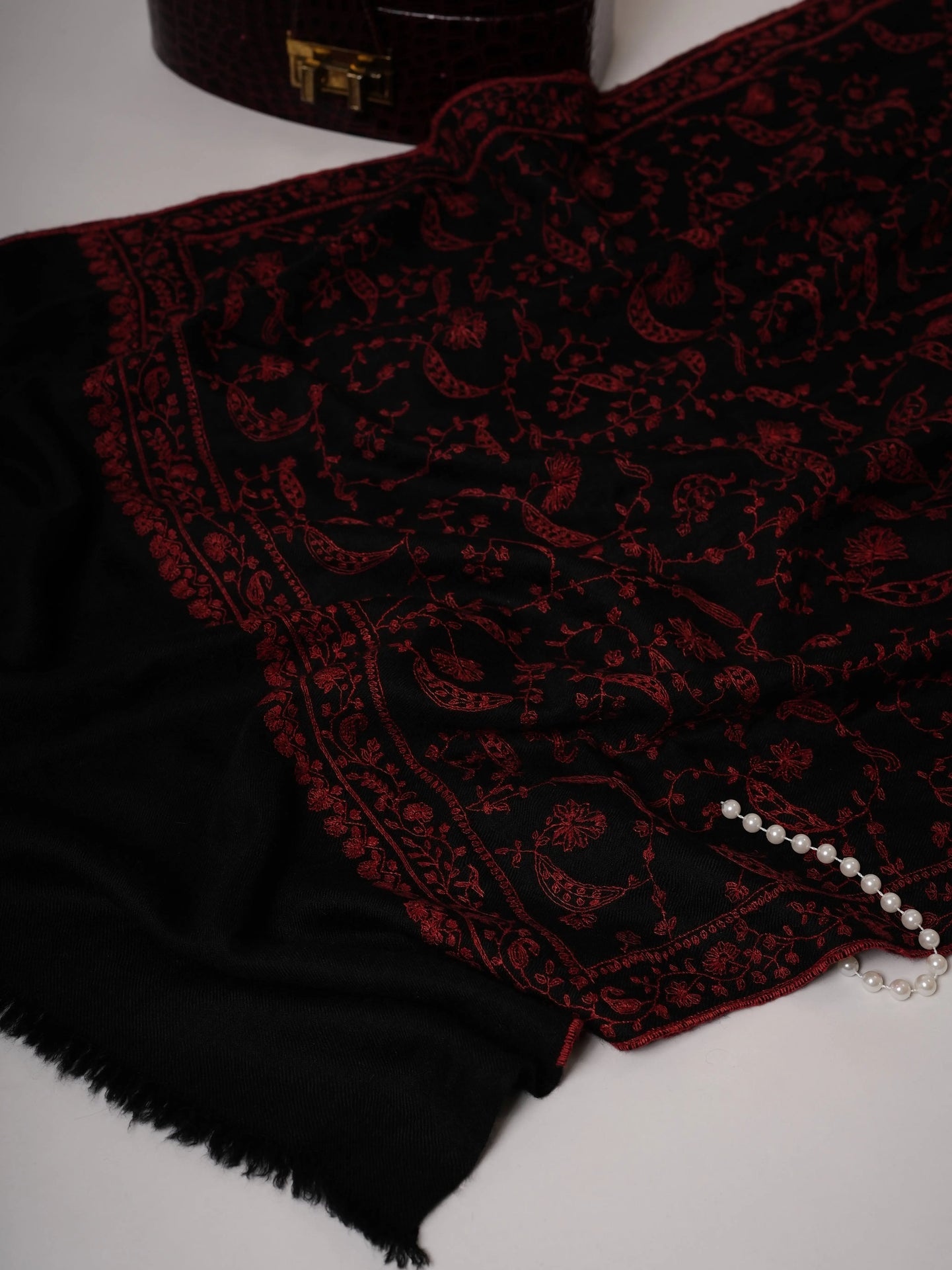 Black Baby Soft Cashmere Scarf with Red All Over Jali Embroidery Shahkaar