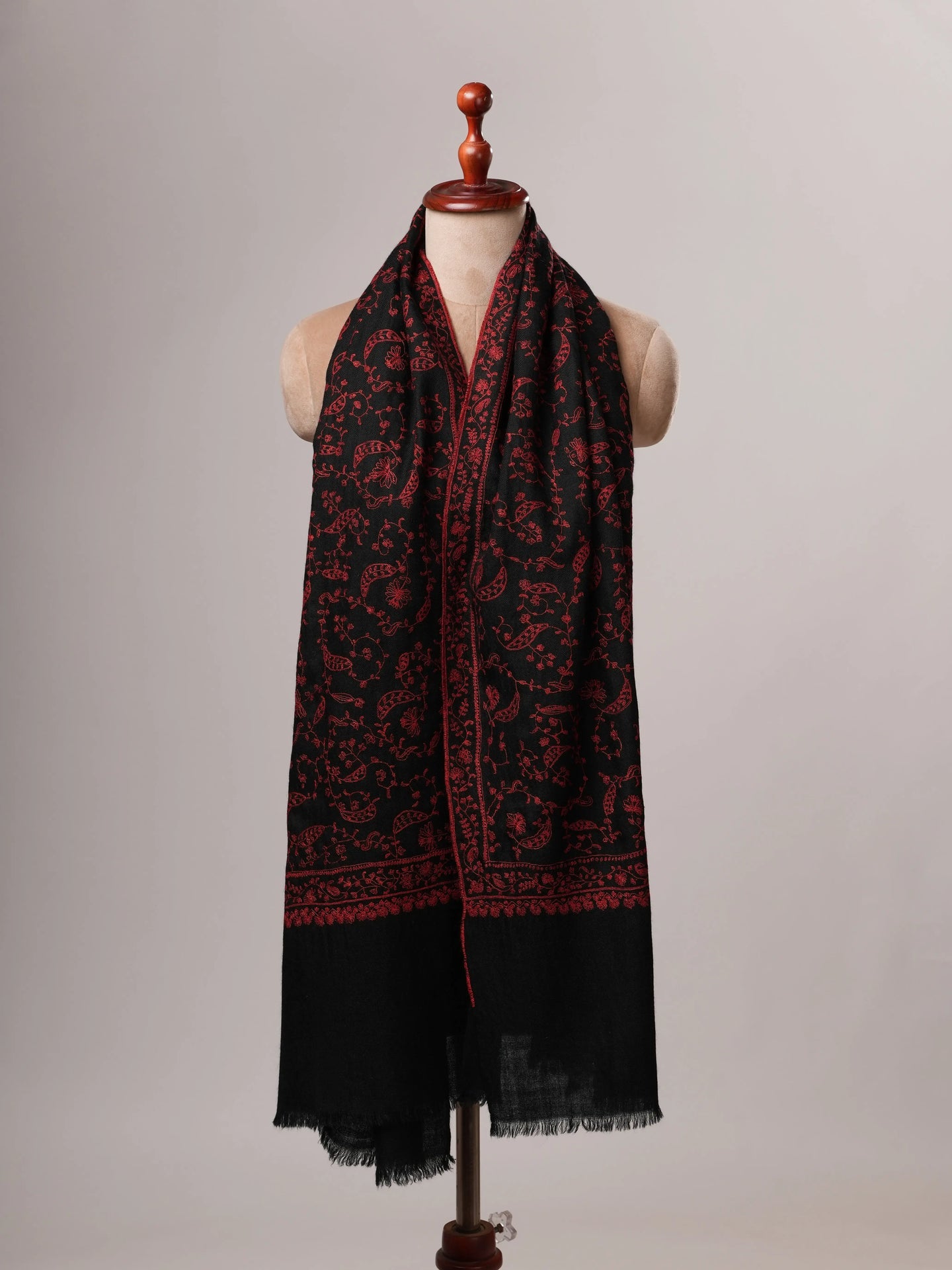 Black Baby Soft Cashmere Scarf with Red All Over Jali Embroidery Shahkaar