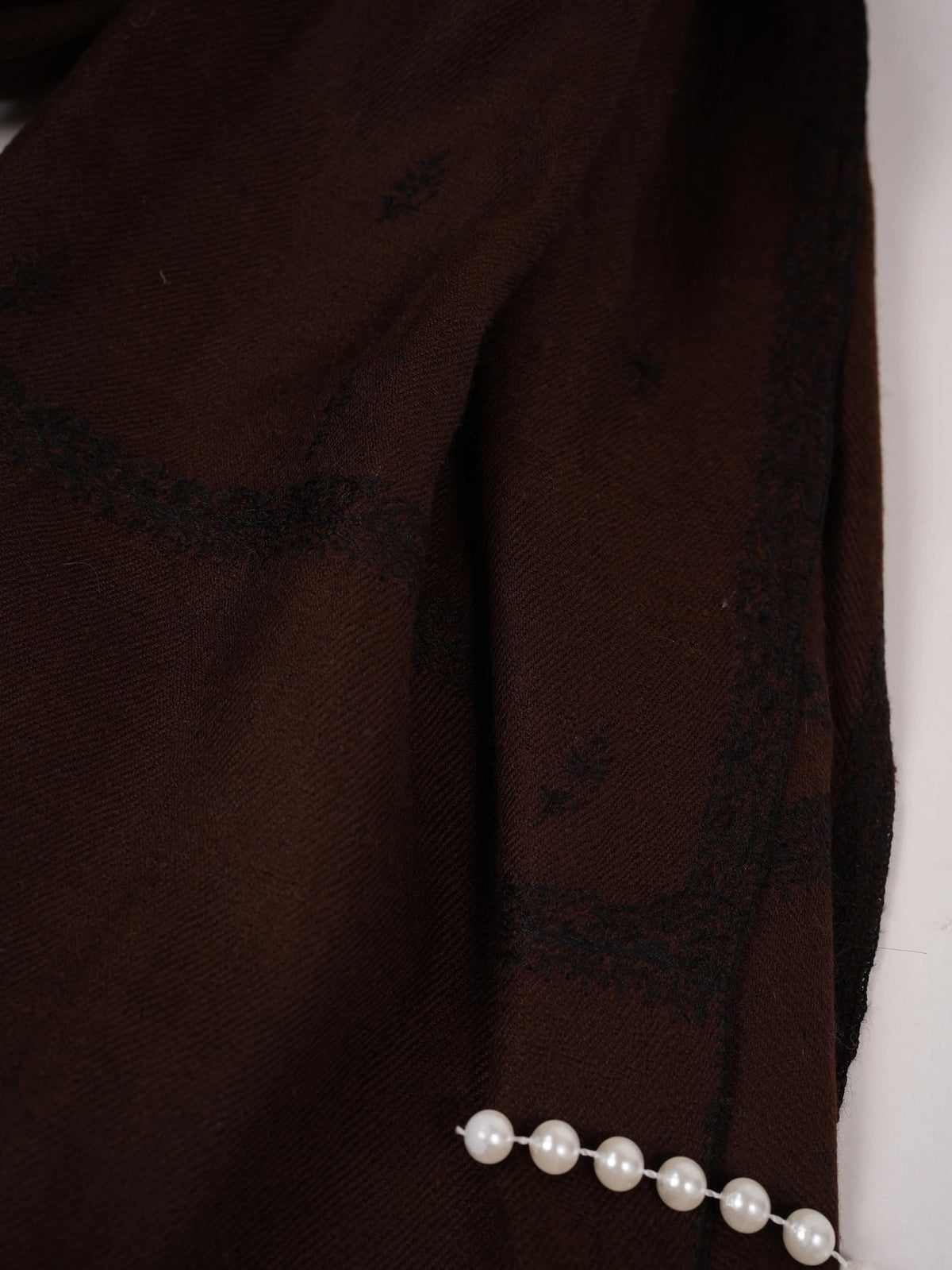 Dark Brown Pure Handwoven Pashmina Shawl with Black Buteh Embroidery