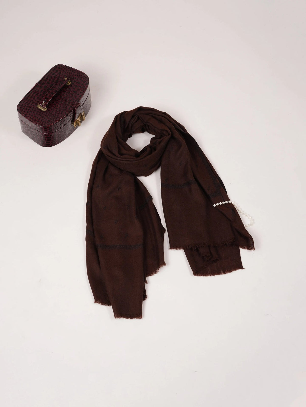 Dark Brown Pure Handwoven Pashmina Shawl with Black Buteh Embroidery