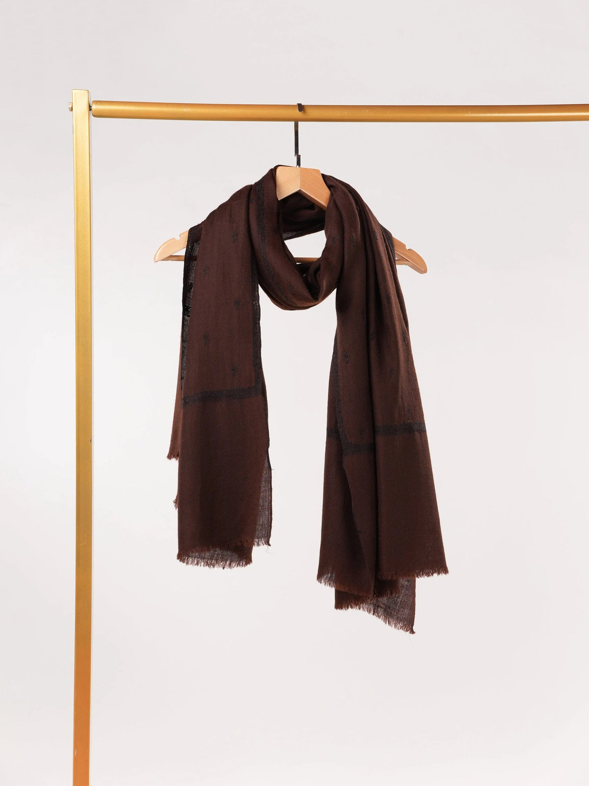Dark Brown Pure Handwoven Pashmina Shawl with Black Buteh Embroidery