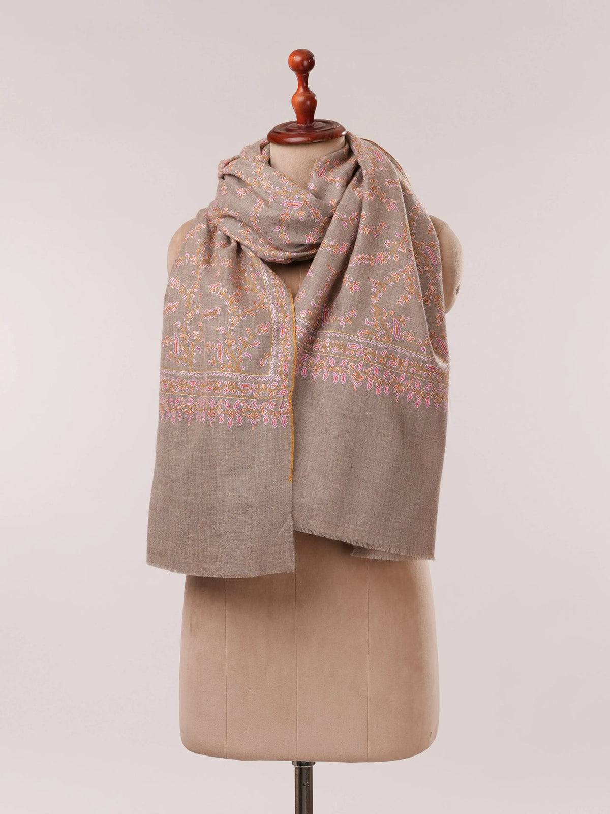 Natural Grey Jali Hand Embroidered Pashmina Shawl Shahkaar.com
