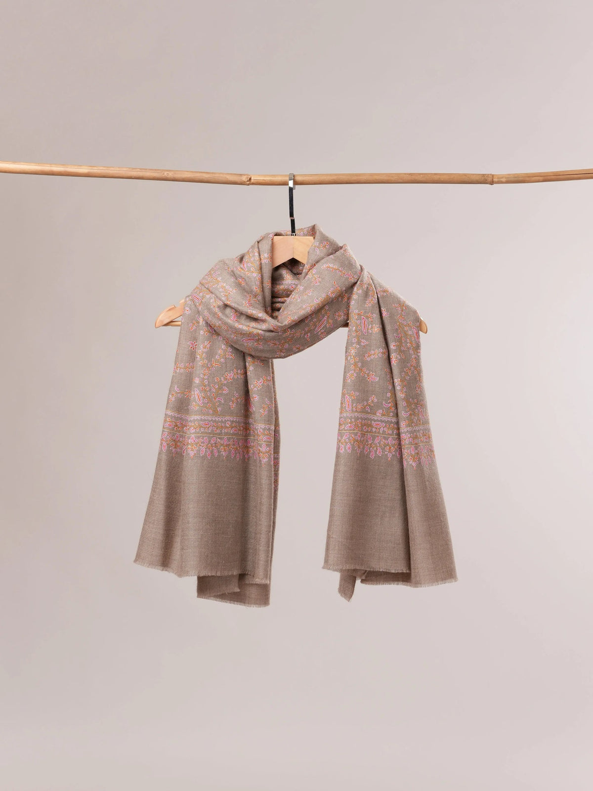 Natural Grey Jali Hand Embroidered Pashmina Shawl Shahkaar.com