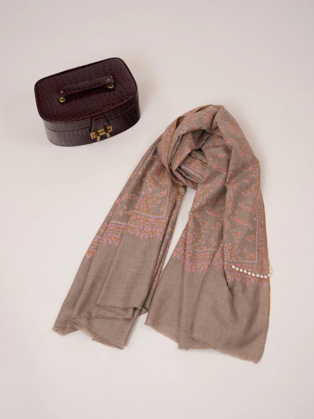 Natural Grey Jali Hand Embroidered Pashmina Shawl Shahkaar.com