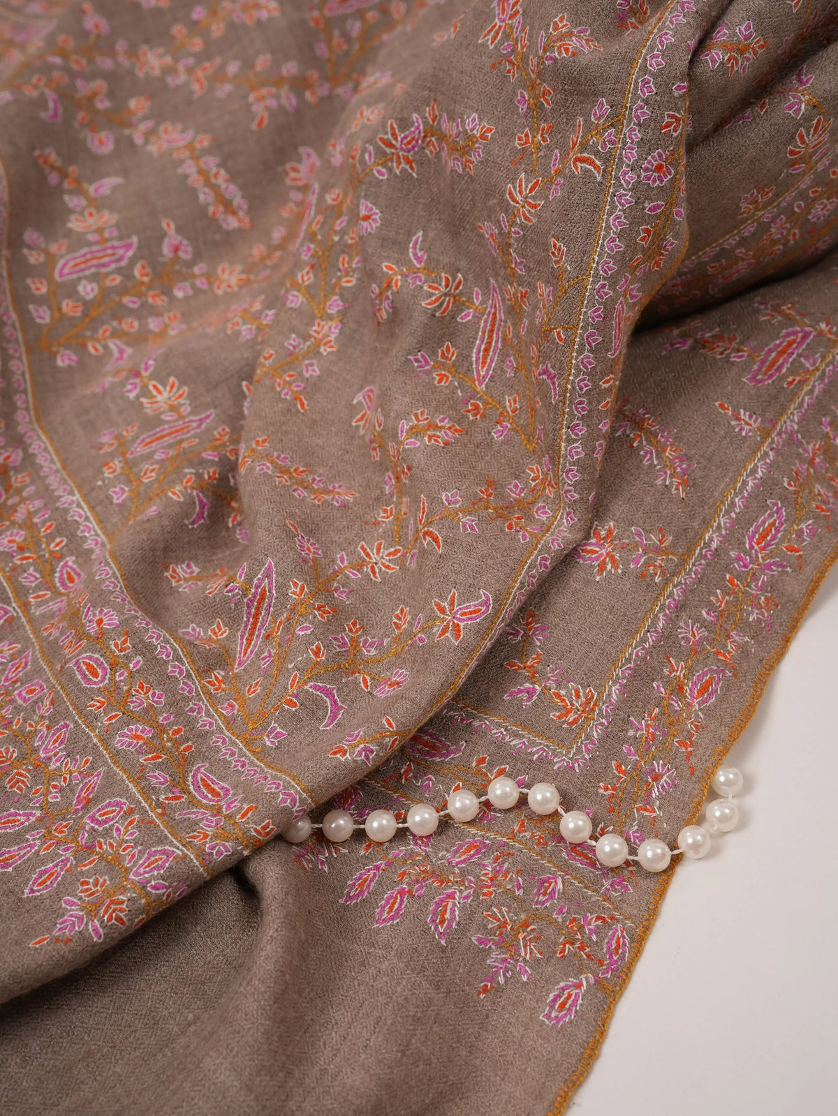Natural Grey Jali Hand Embroidered Pashmina Shawl Shahkaar.com