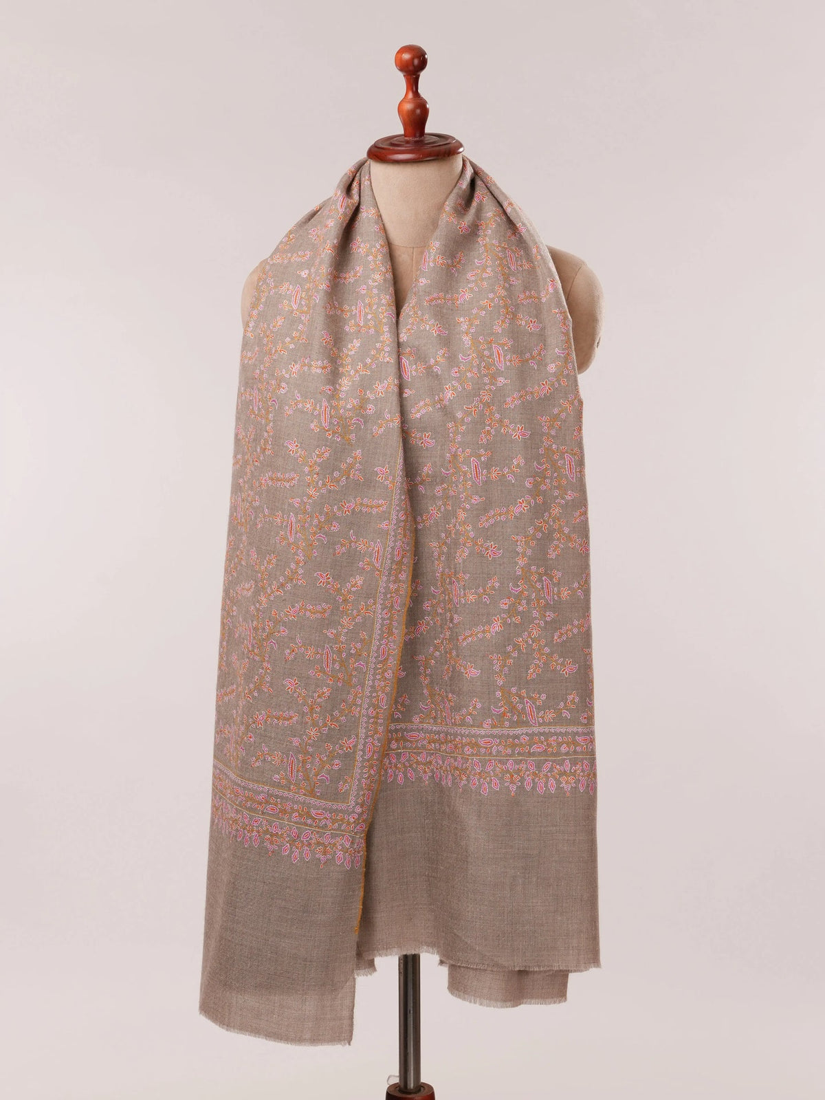 Natural Grey Jali Hand Embroidered Pashmina Shawl Shahkaar.com