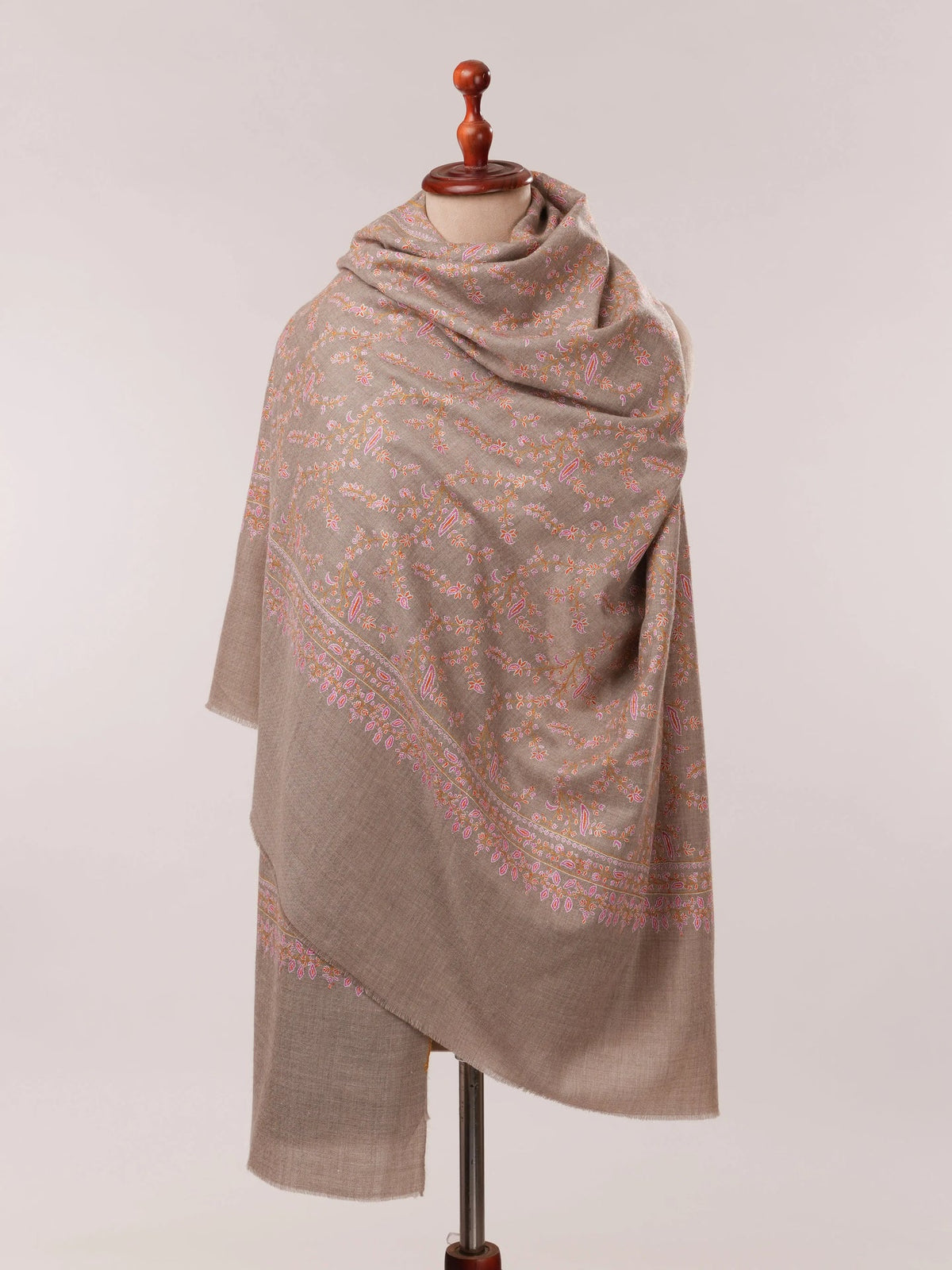 Natural Grey Jali Hand Embroidered Pashmina Shawl Shahkaar.com