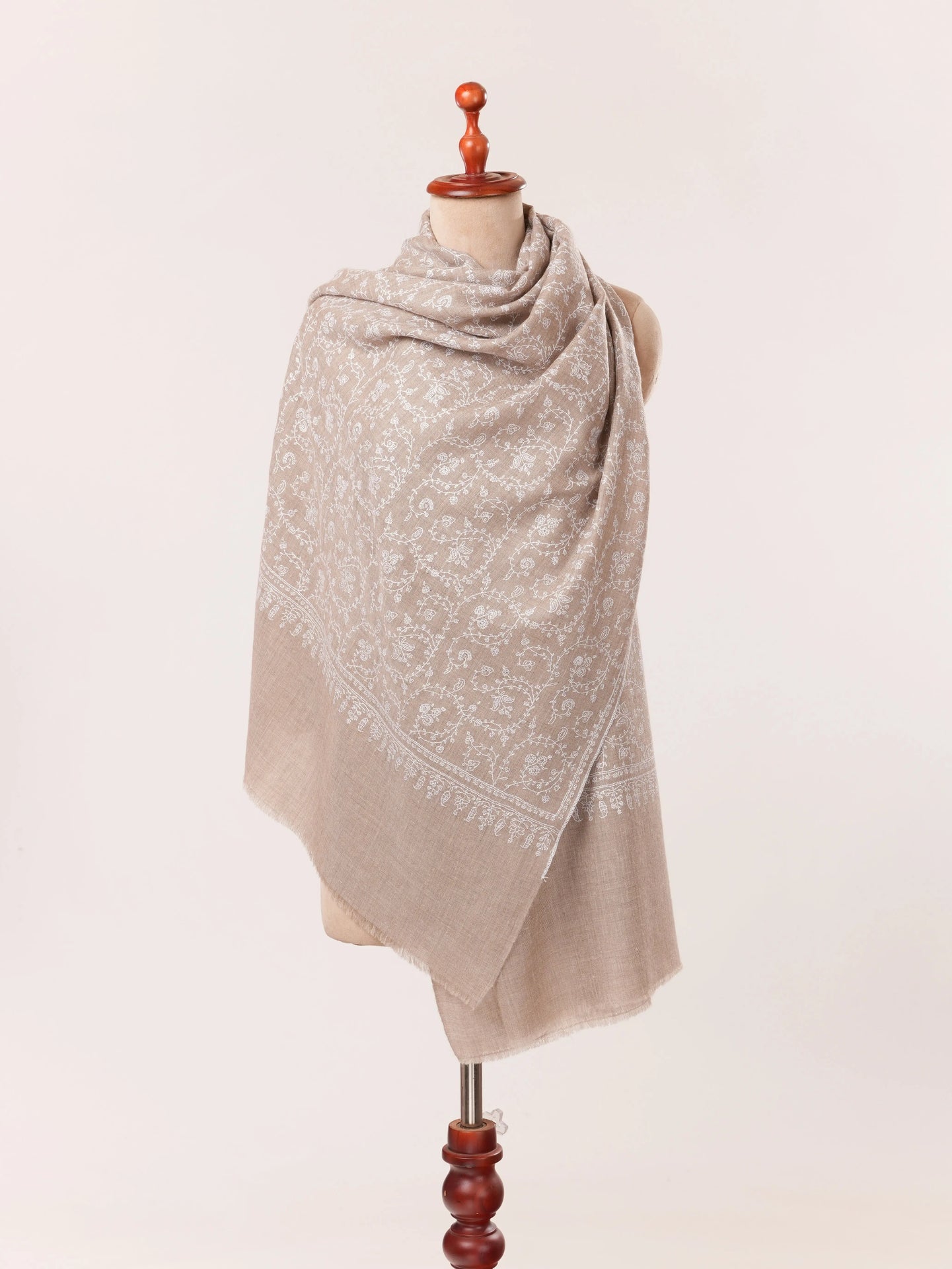 Kashmiri Natural Taupe Handwoven Shawl with Hand White Sozni hand Work in Jali Shahkaar.com