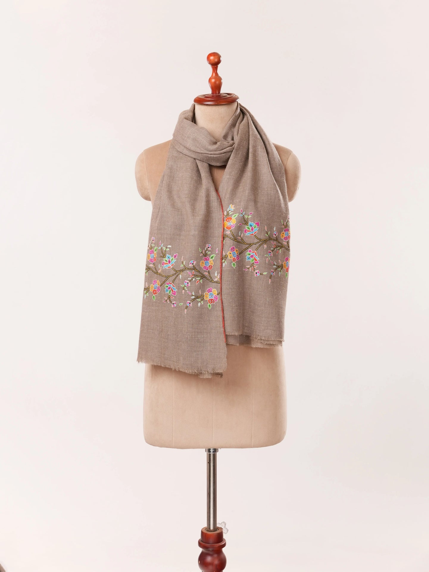 Floral Palldar Natural Dark Taupe Handwoven Cashmere Scarf with Sozni Embroidery Shahkaar.com