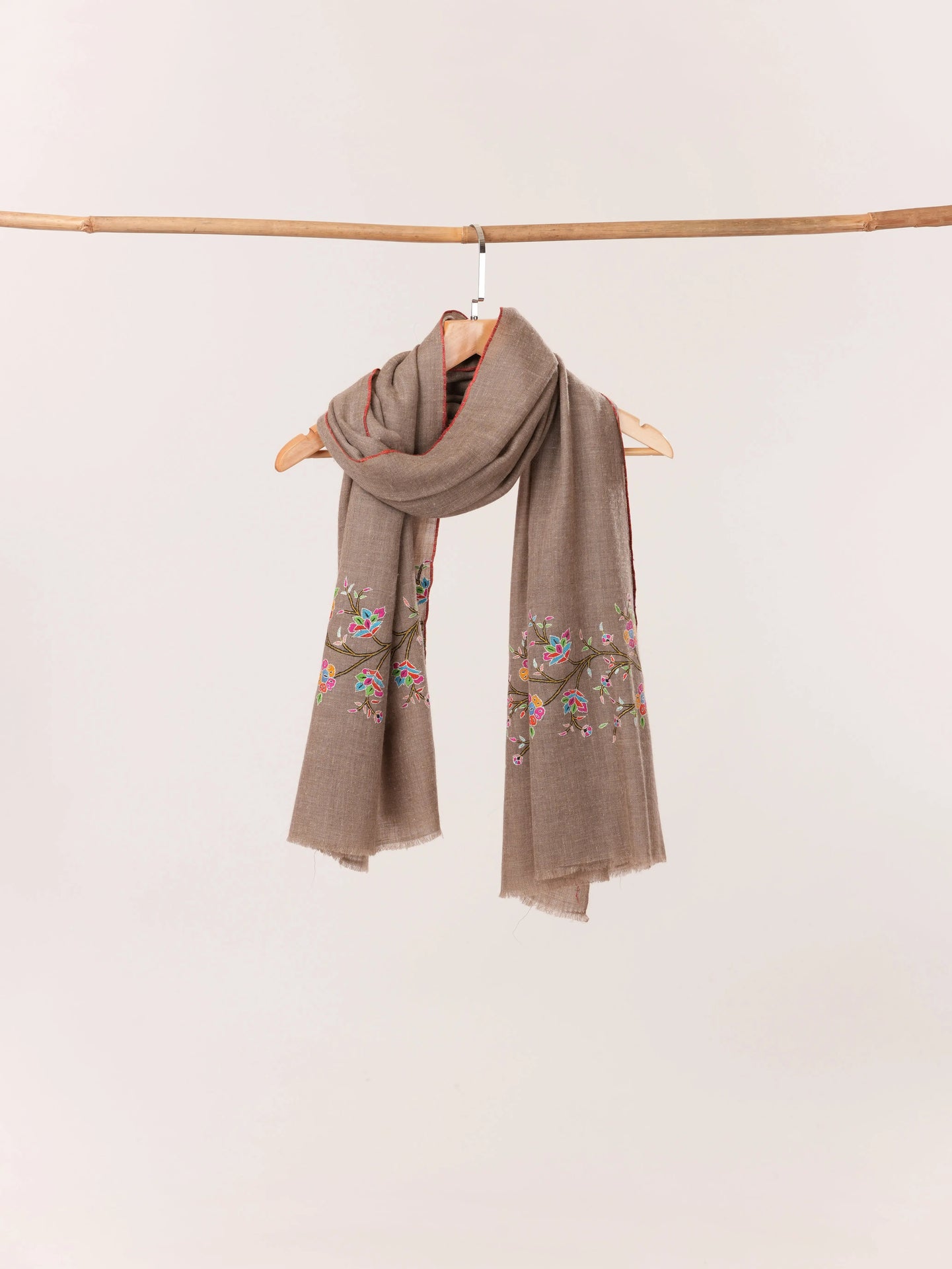 Floral Palldar Natural Dark Taupe Handwoven Cashmere Scarf with Sozni Embroidery Shahkaar.com