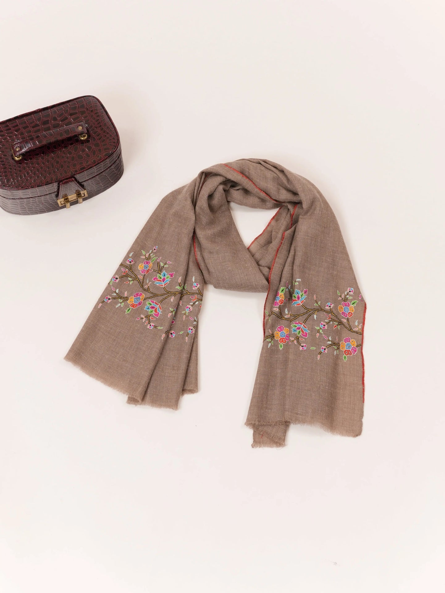 Floral Palldar Natural Dark Taupe Handwoven Cashmere Scarf with Sozni Embroidery Shahkaar.com