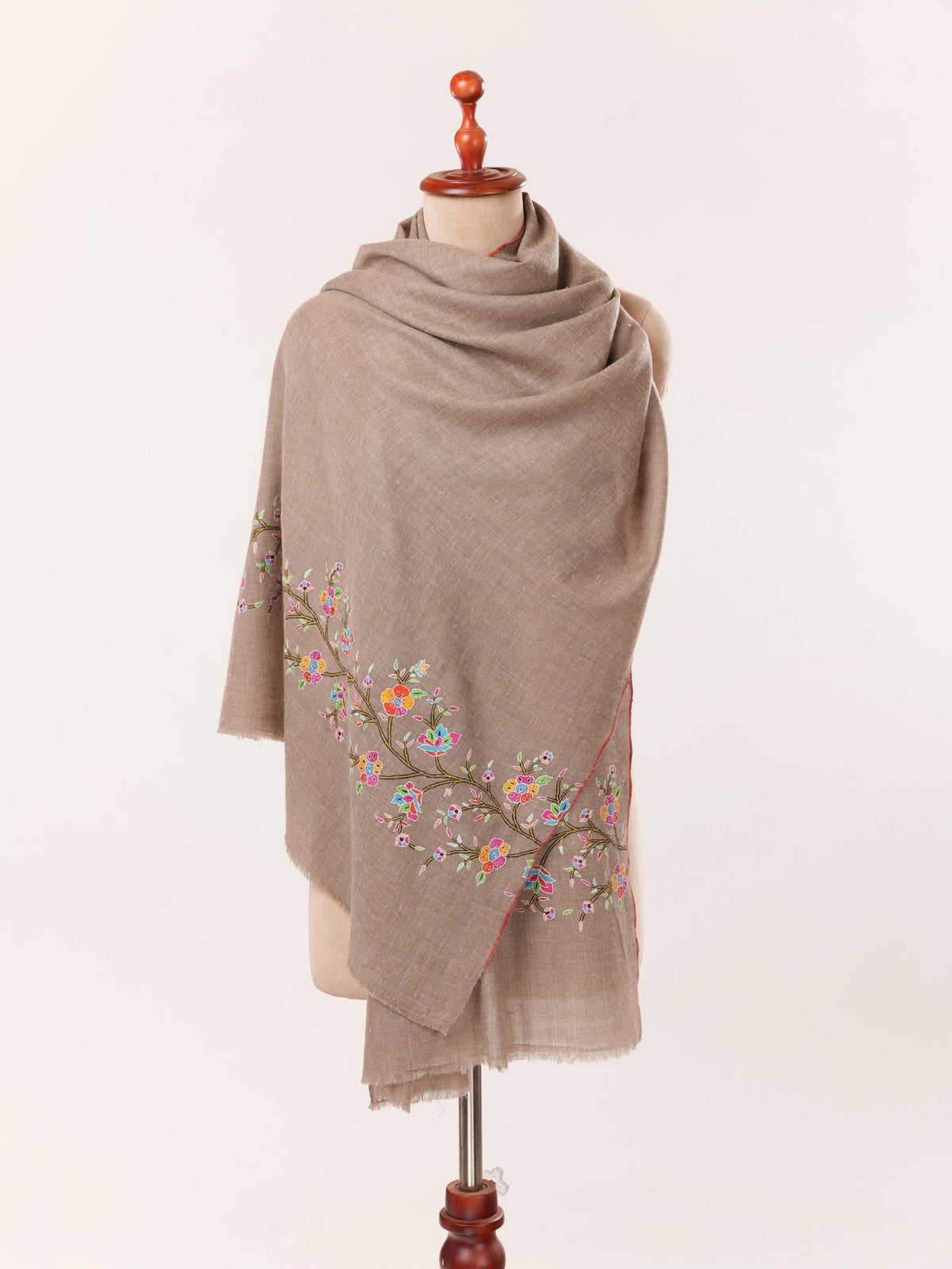 Floral Palldar Natural Dark Taupe Handwoven Cashmere Scarf with Sozni Embroidery Shahkaar.com