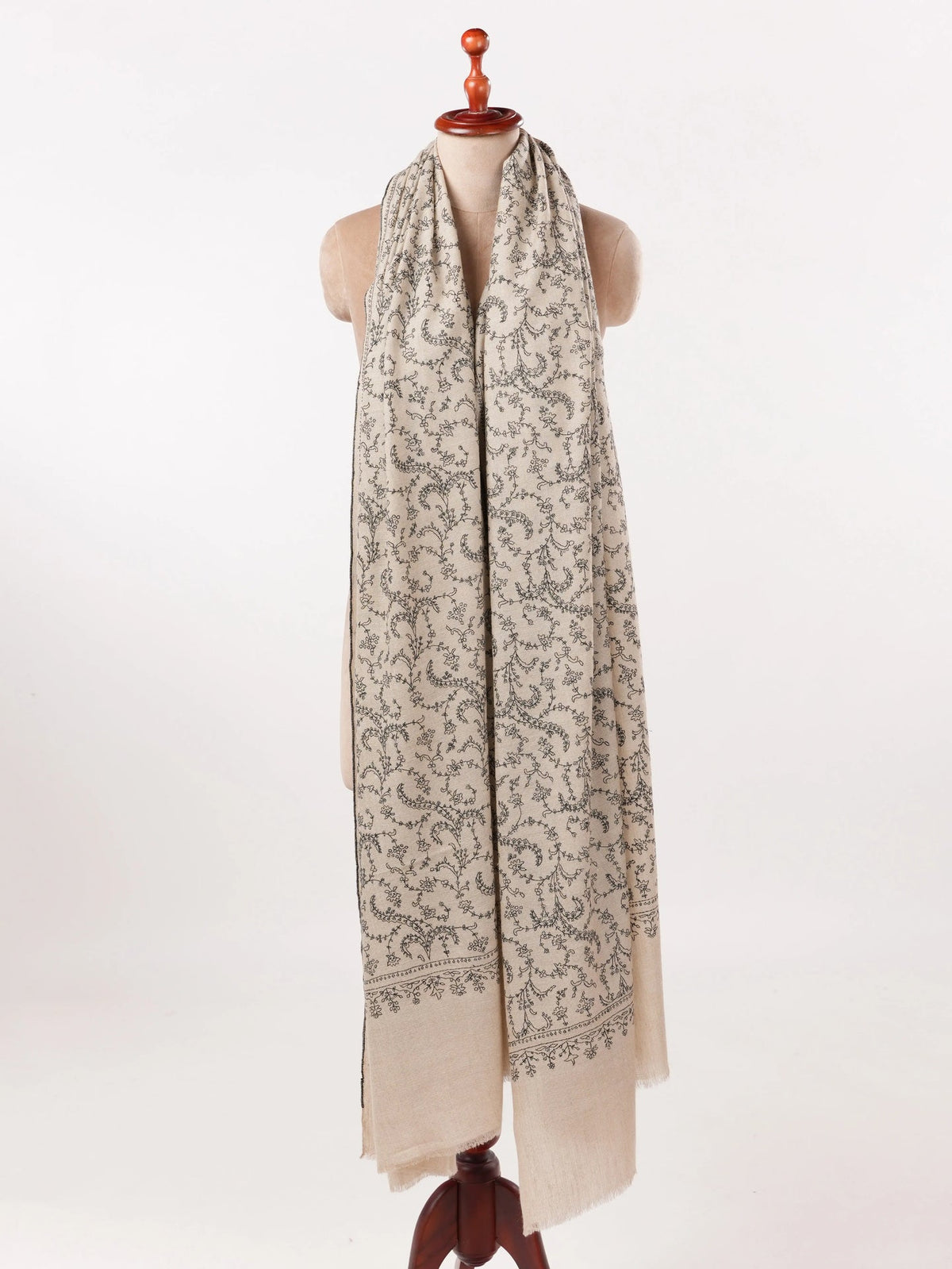 Natural Taupe Oversized Handwoven Pure Pashmina Shawl with Jali Embroidery