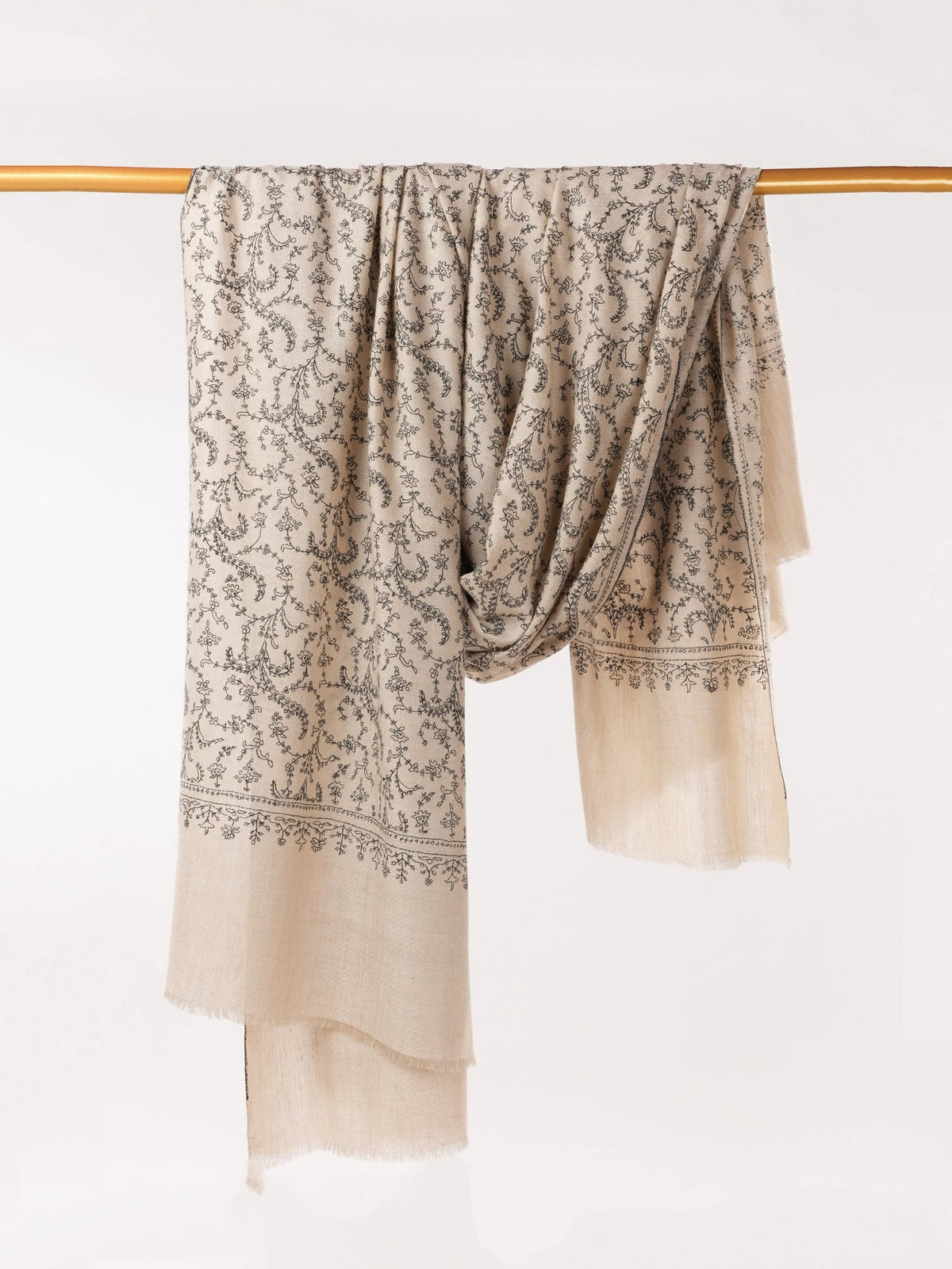 Natural Taupe Oversized Handwoven Pure Pashmina Shawl with Jali Embroidery