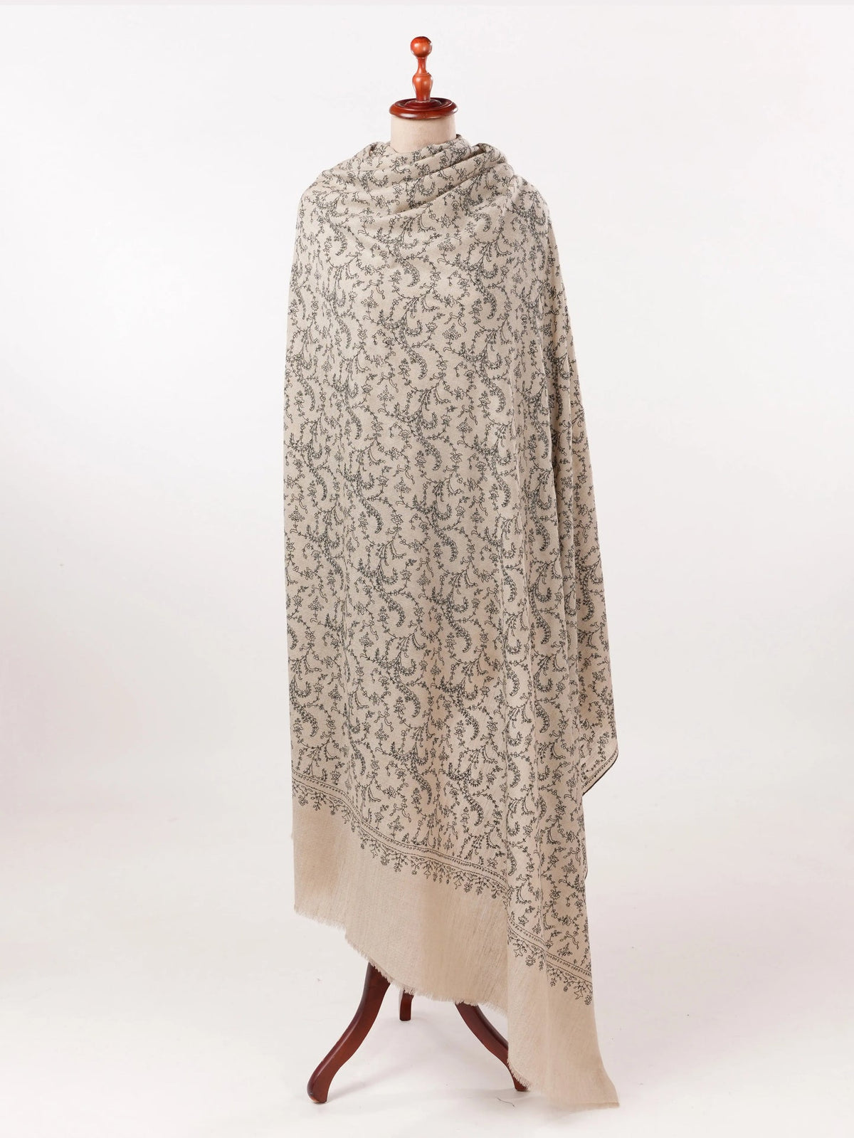 Natural Taupe Oversized Handwoven Pure Pashmina Shawl with Jali Embroidery