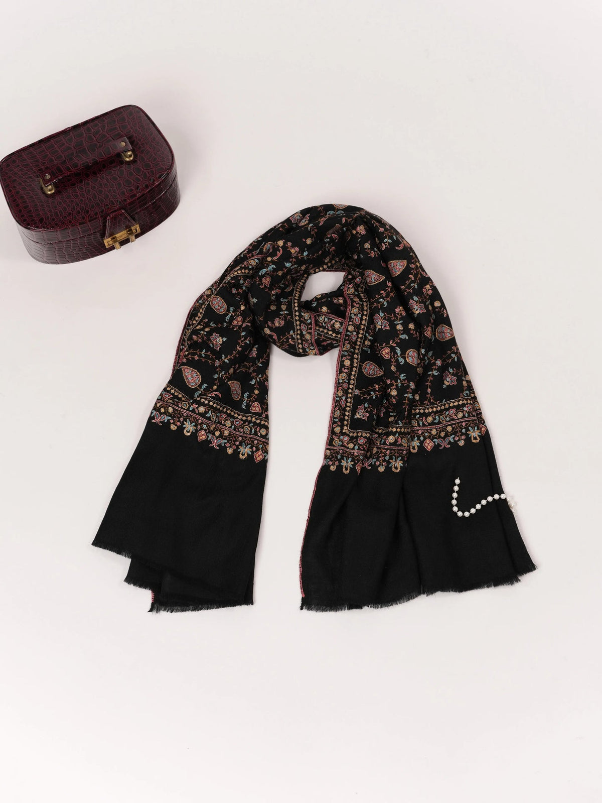 Kashmiri Handwoven Black Pashmina Shawl with Jali Hand Sozni Embroidery Shahkaar.com