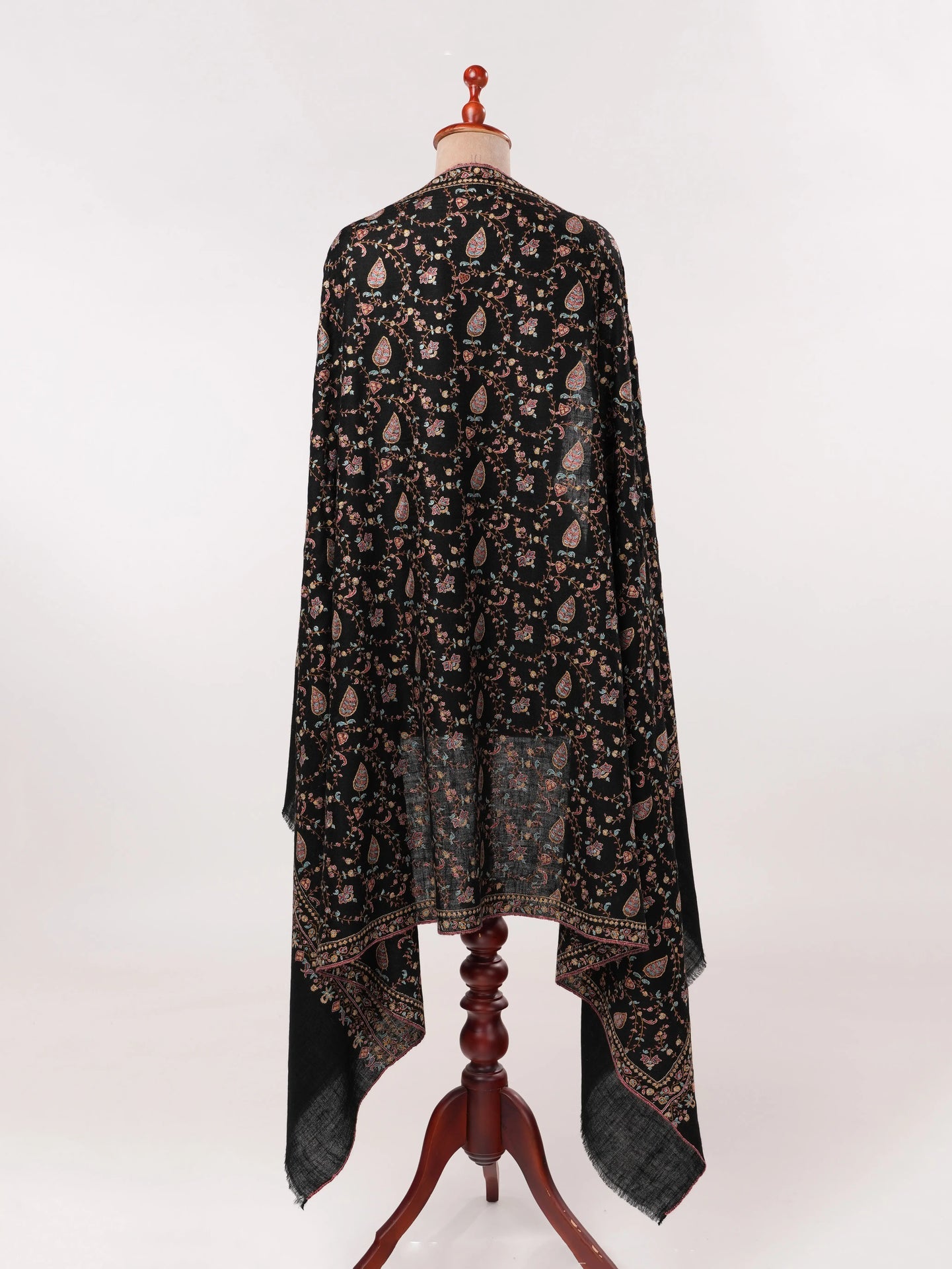 Kashmiri Handwoven Black Pashmina Shawl with Jali Hand Sozni Embroidery Shahkaar.com