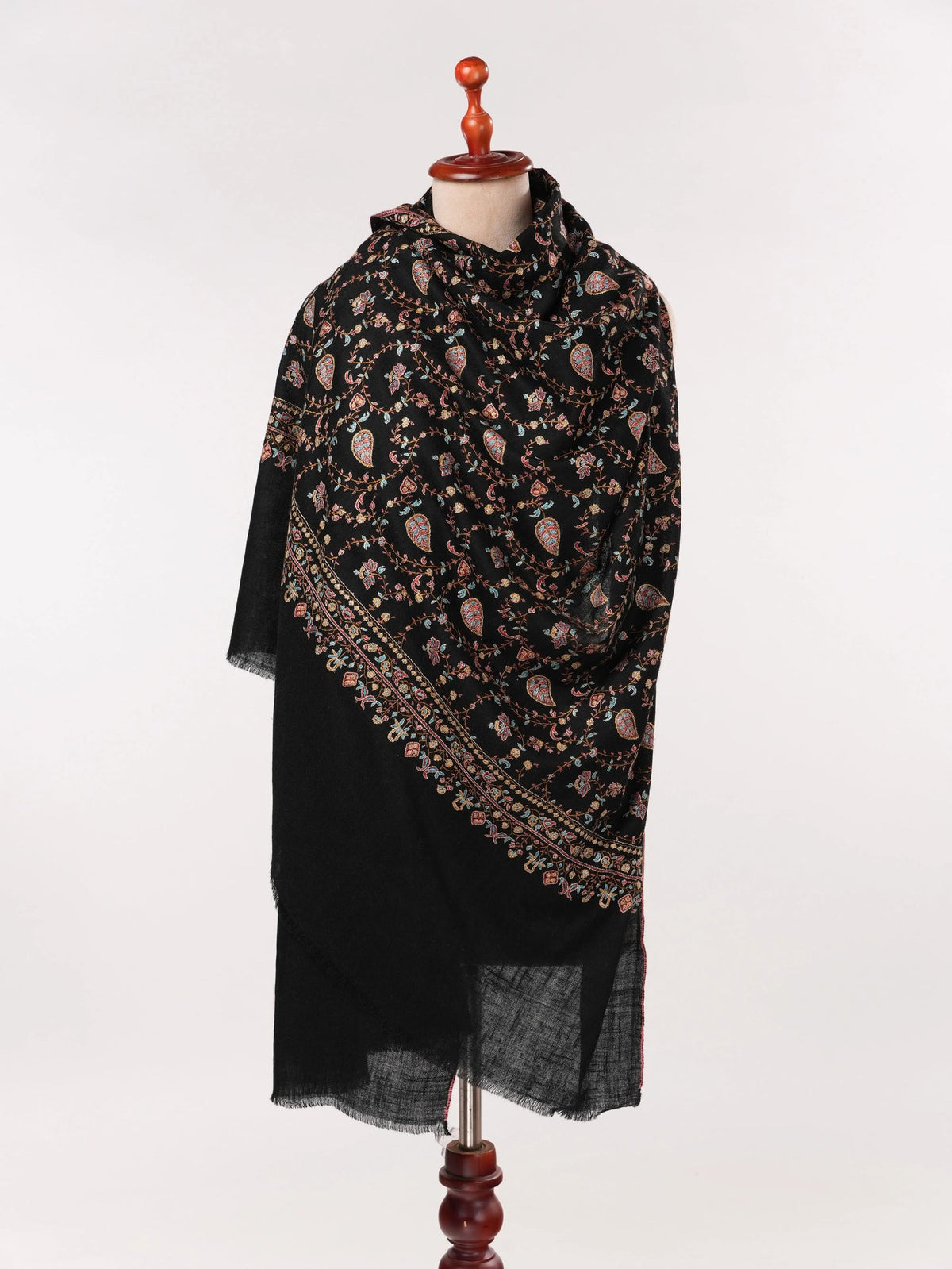 Kashmiri Handwoven Black Pashmina Shawl with Jali Hand Sozni Embroidery Shahkaar.com