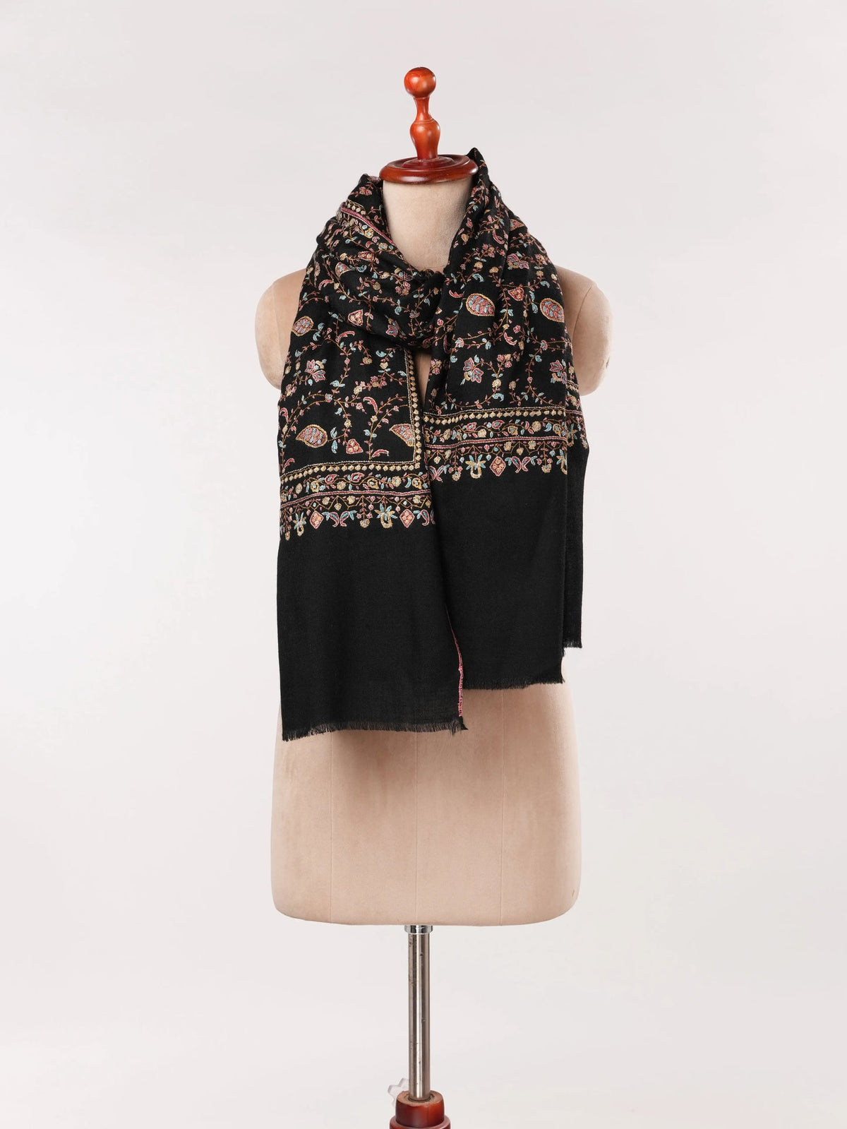 Kashmiri Handwoven Black Pashmina Shawl with Jali Hand Sozni Embroidery Shahkaar.com